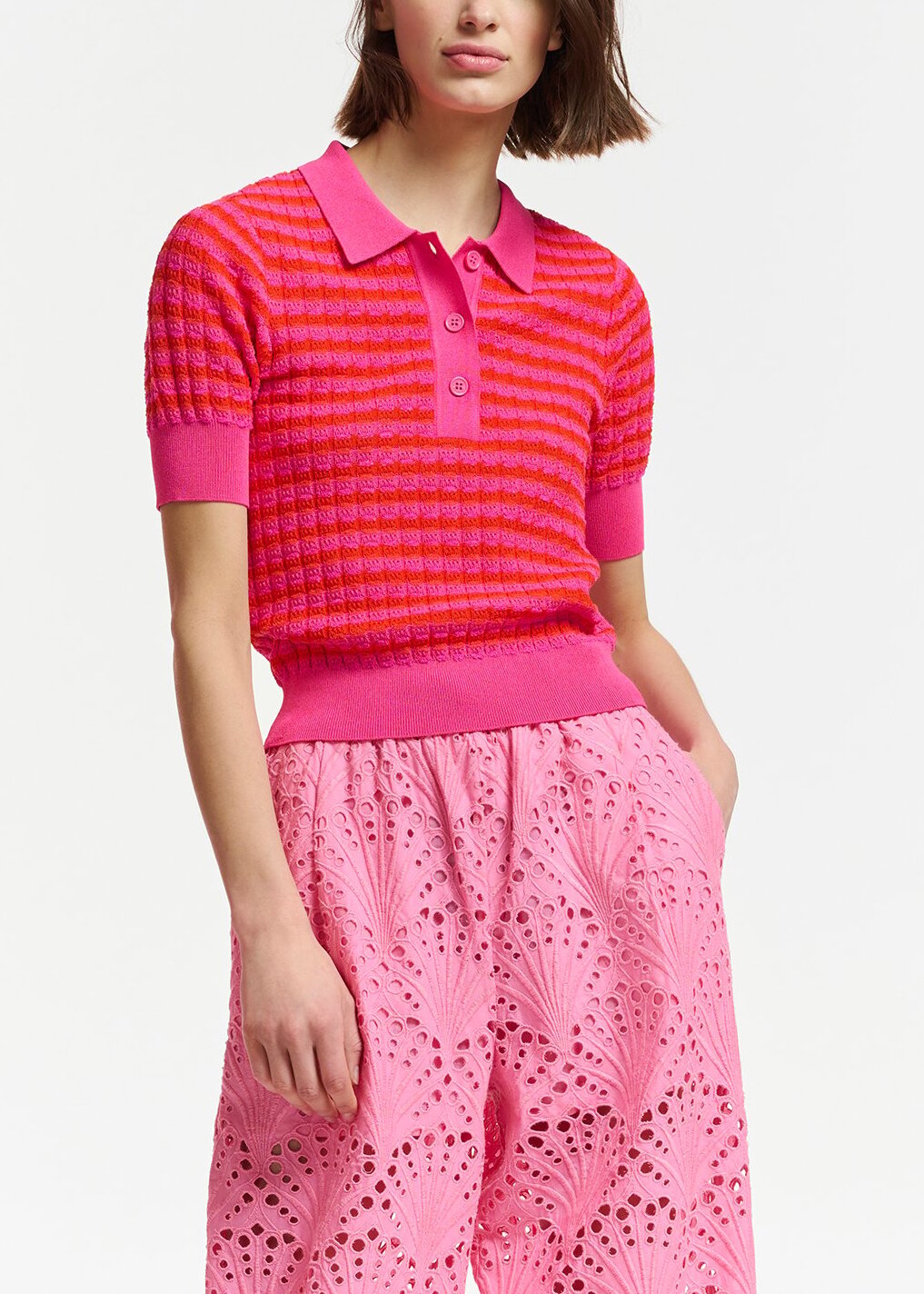 Pink and red striped knitted polo top RE—SSENTIEL | Essentiel second hand