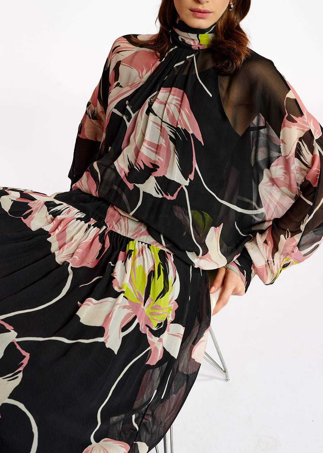 Black floral-print voluminous maxi dress RE—SSENTIEL | Essentiel second hand