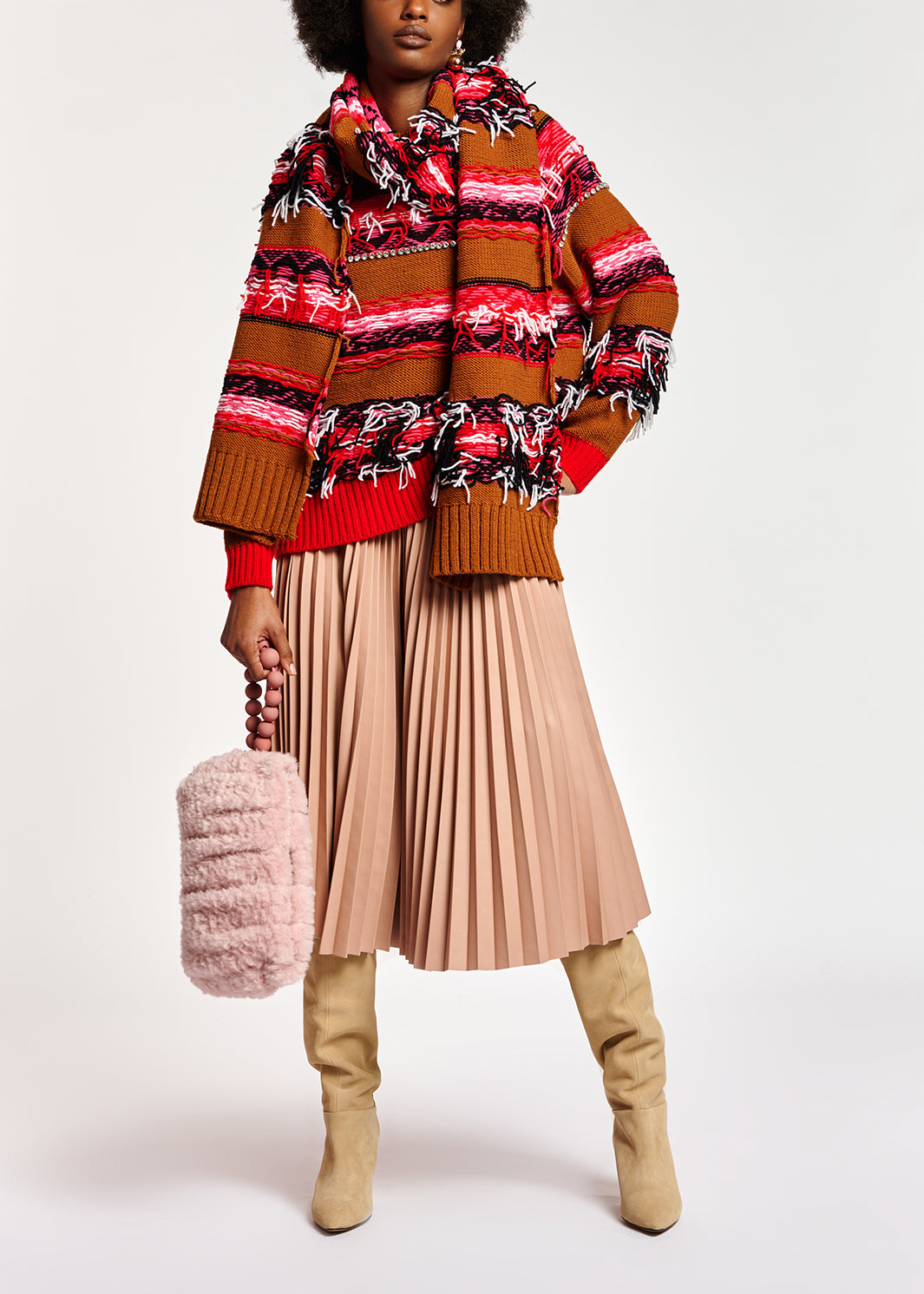 Camel, red and white scarf with inside-out look RE—SSENTIEL | Essentiel second hand