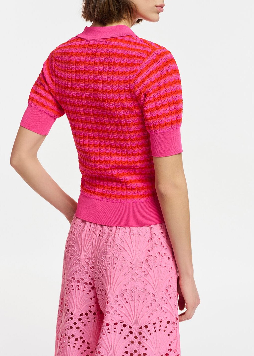 Pink and red striped knitted polo top RE—SSENTIEL | Essentiel second hand