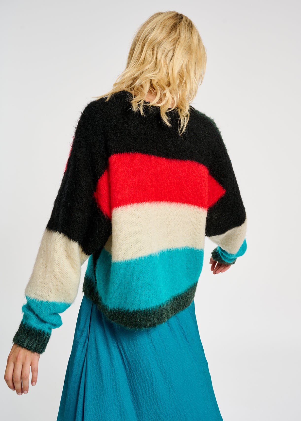 Pull en tricot intarsia vert foncé, bleu et rouge RE—SSENTIEL | Essentiel second hand