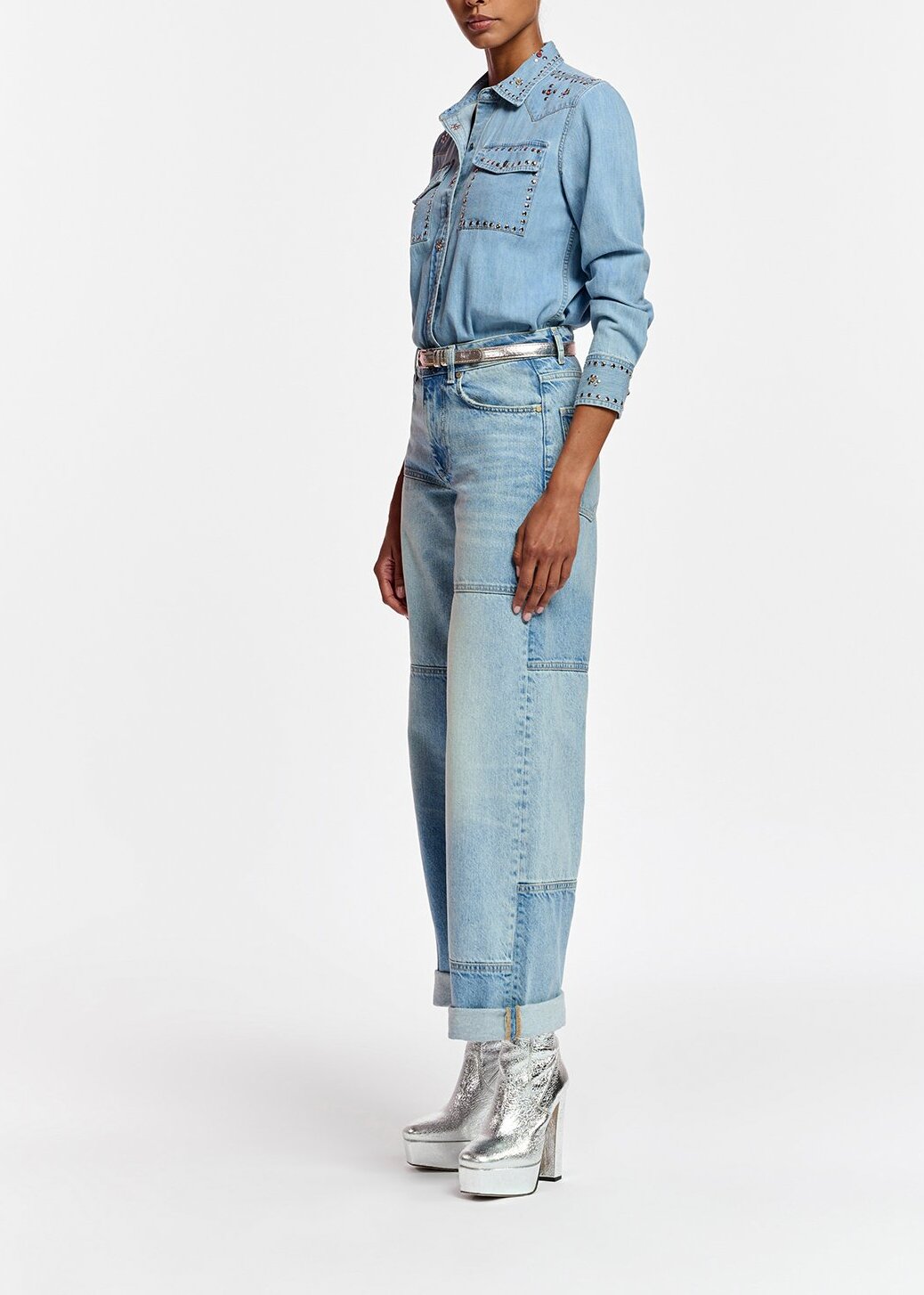 Blue denim shirt with stud embellishments RE—SSENTIEL | Essentiel second hand