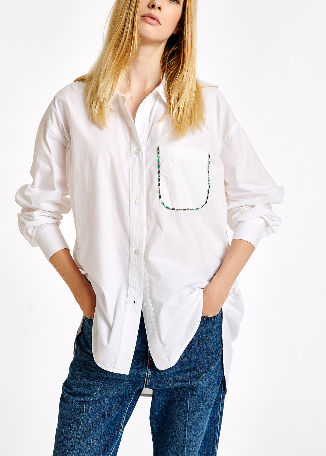 White poplin-cotton shirt with rhinestone-embellishment RE—SSENTIEL | Essentiel second hand