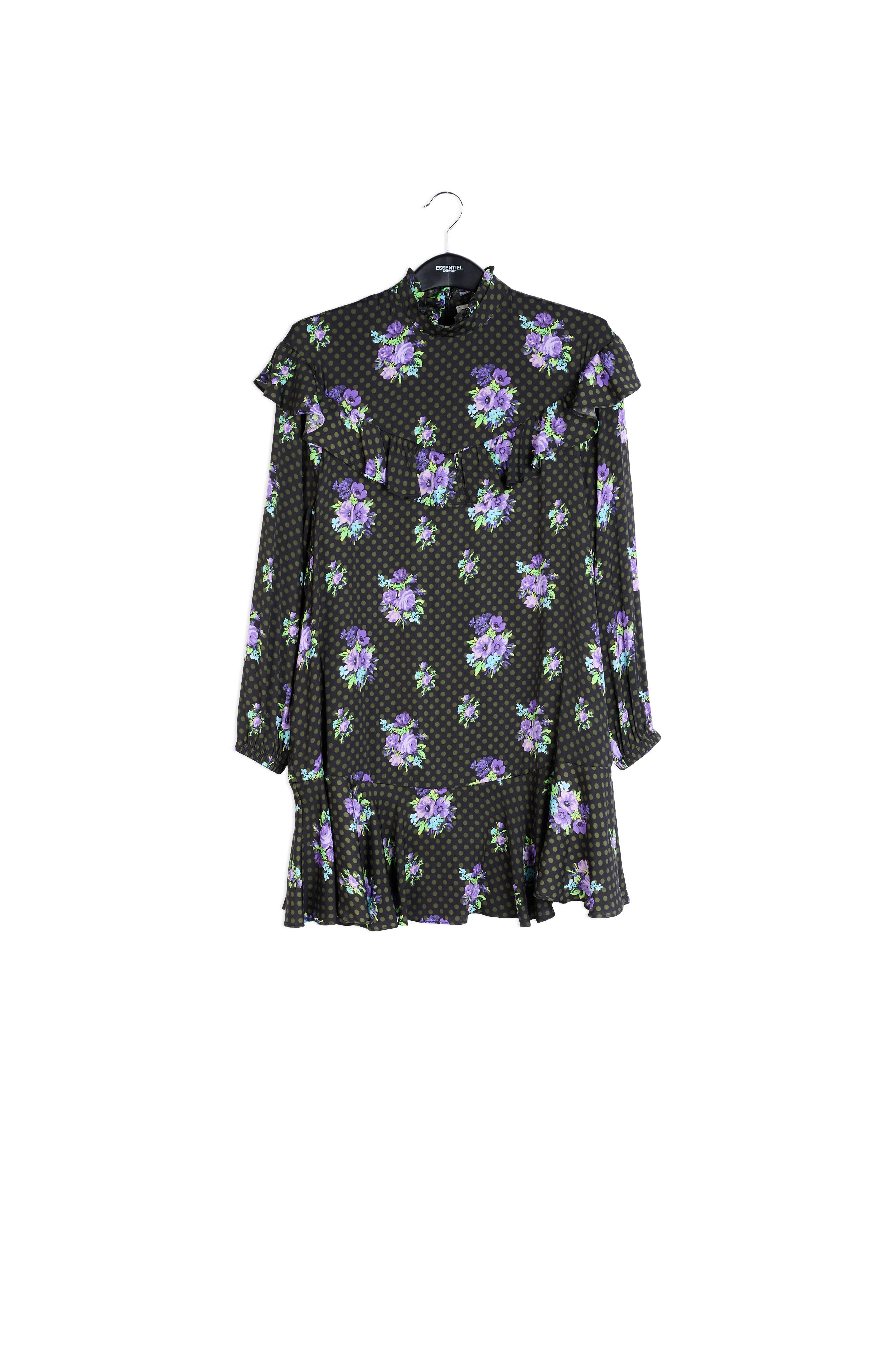 Zwart en paarse A-lijn jurk met volants RE—SSENTIEL | Essentiel second hand