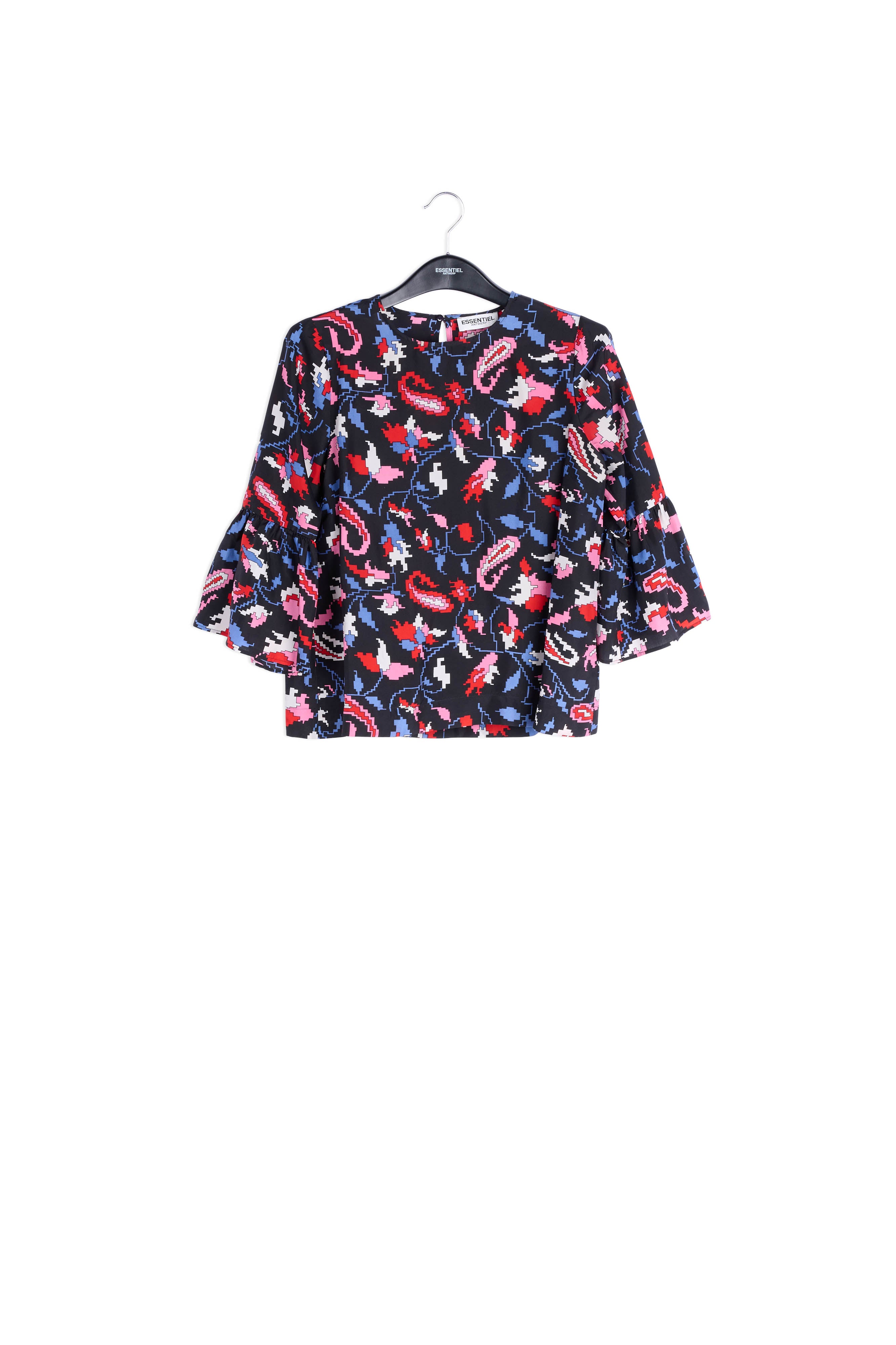 Blauwe zijden top met bloemenprint RE—SSENTIEL | Essentiel second hand