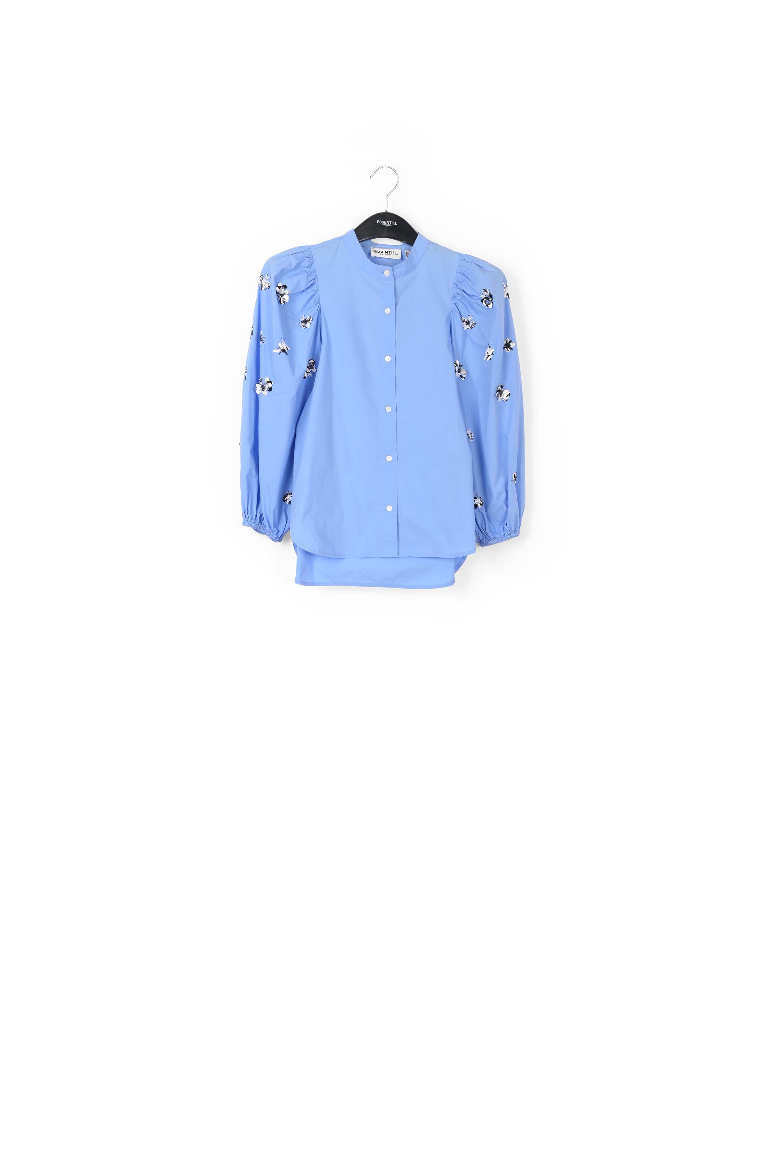 Blue cotton-poplin embroidered puffed-sleeve shirt RE—SSENTIEL | Essentiel second hand