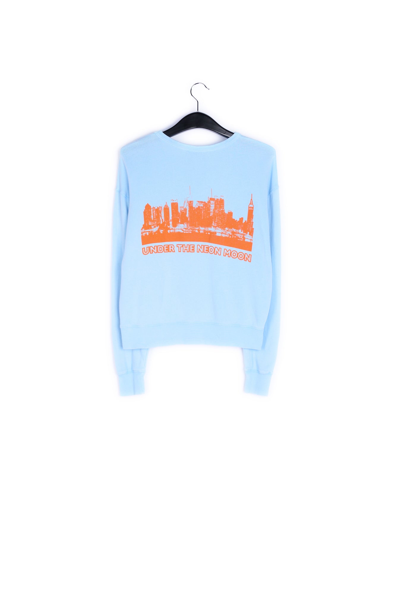 Light blue cotton sweatshirt with orange UNDER THE NEON MOON print RE—SSENTIEL | Essentiel second hand