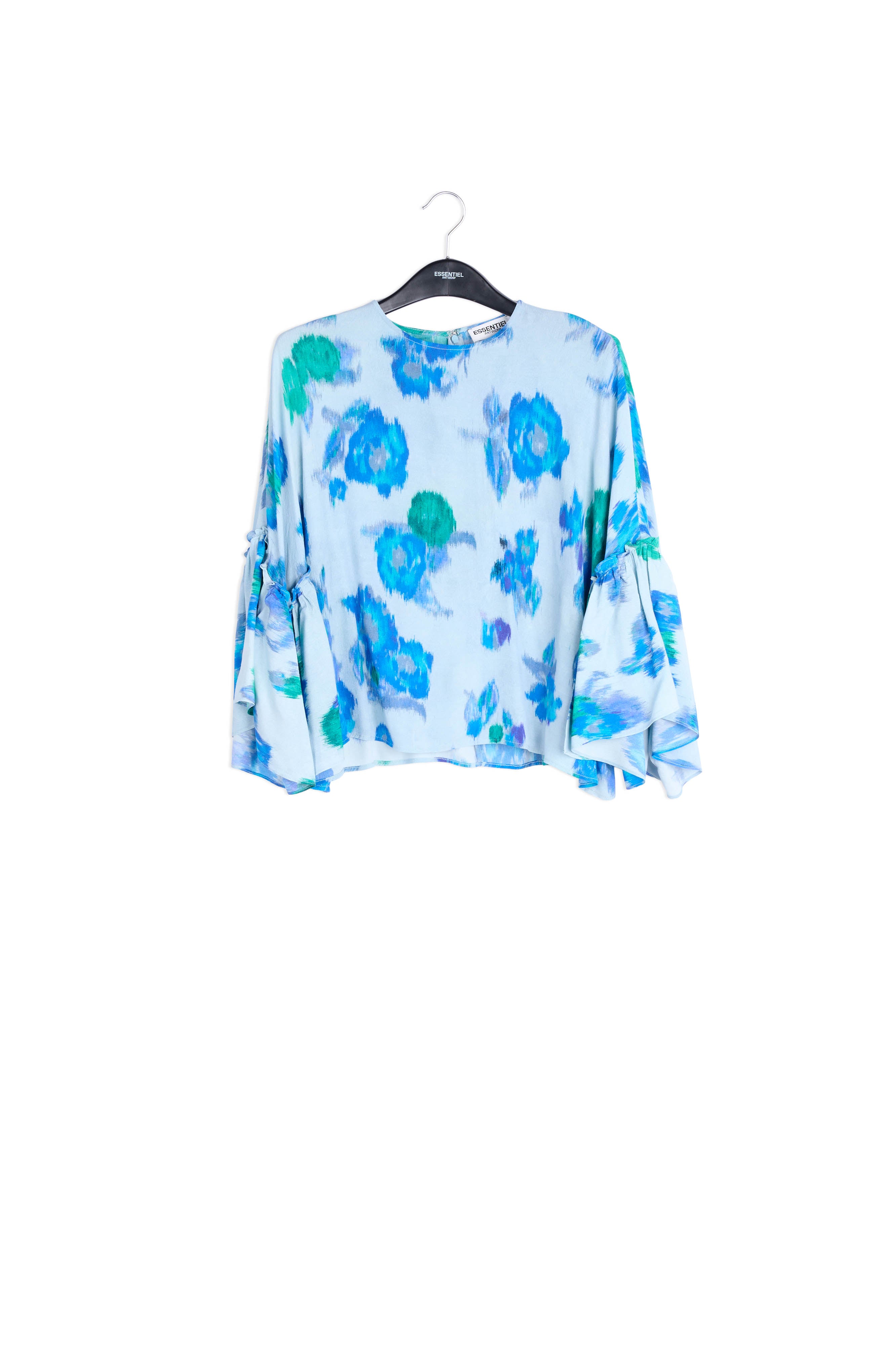 Light blue, blue and green floral printed top with ruffled sleeves RE—SSENTIEL | Essentiel second hand