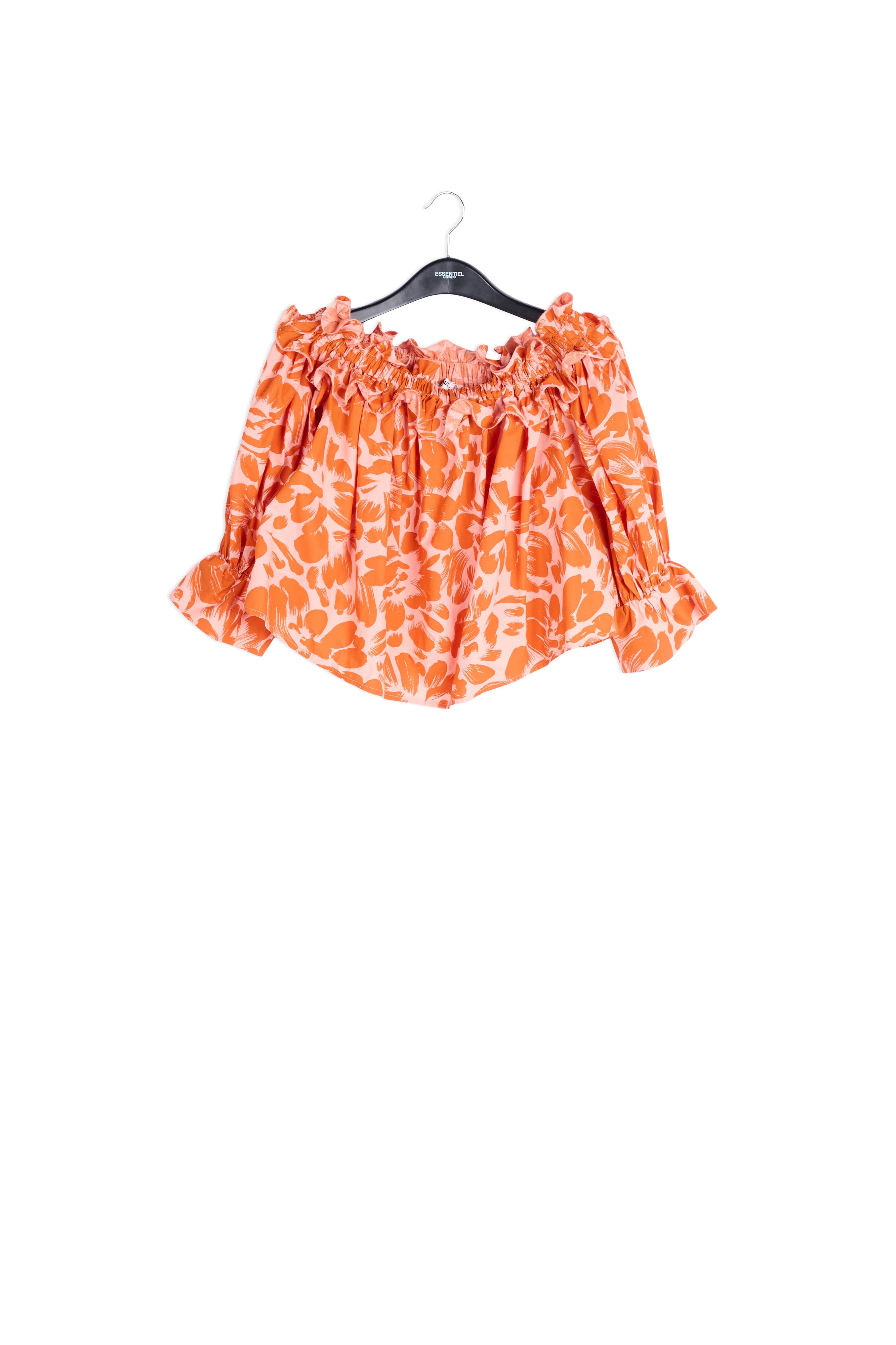 Light pink and orange tropical print off-the-shoulder top RE—SSENTIEL | Essentiel second hand