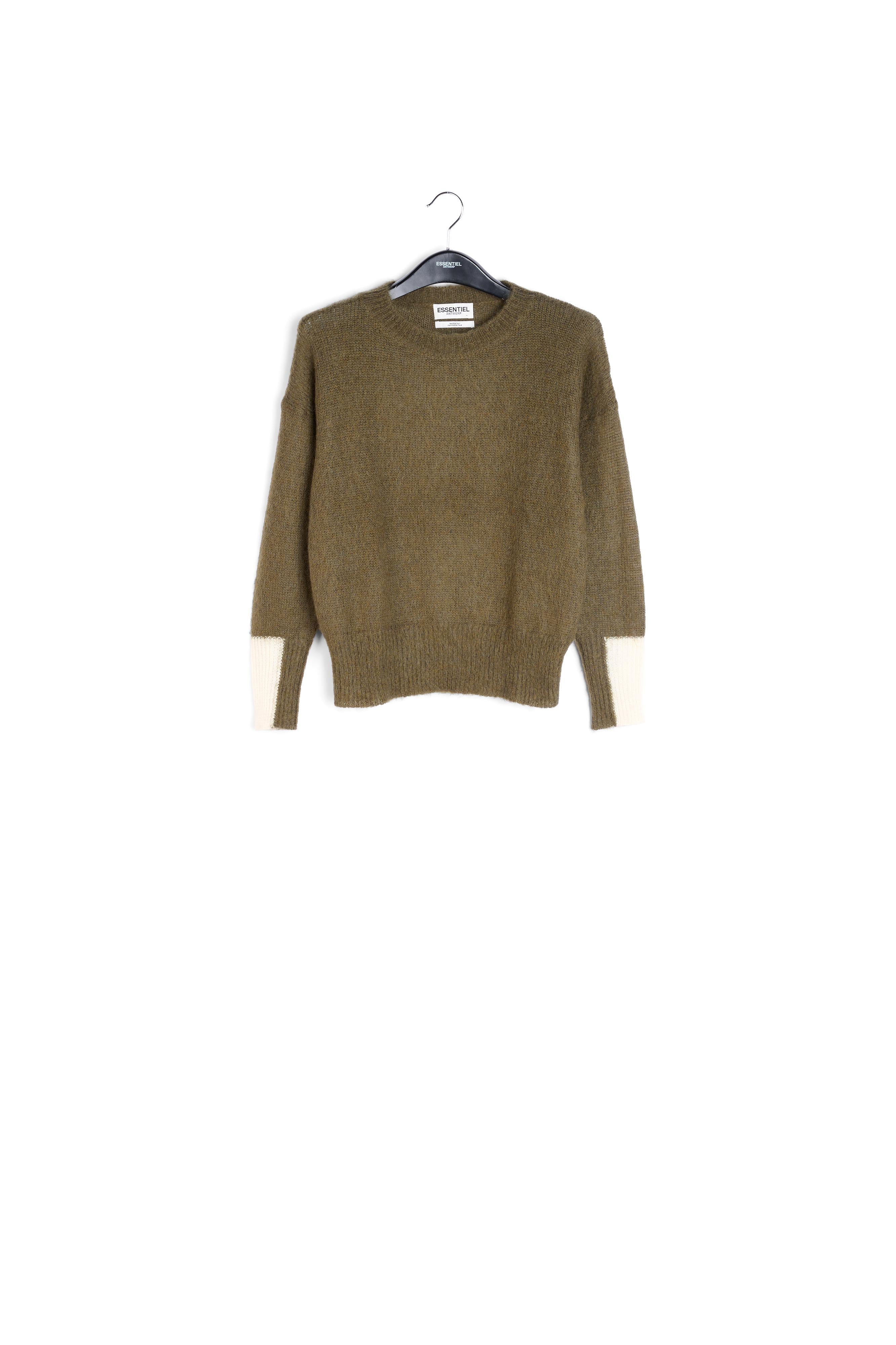 Pull vert kaki en maille légère avec poignets contrastants RE—SSENTIEL | Essentiel second hand