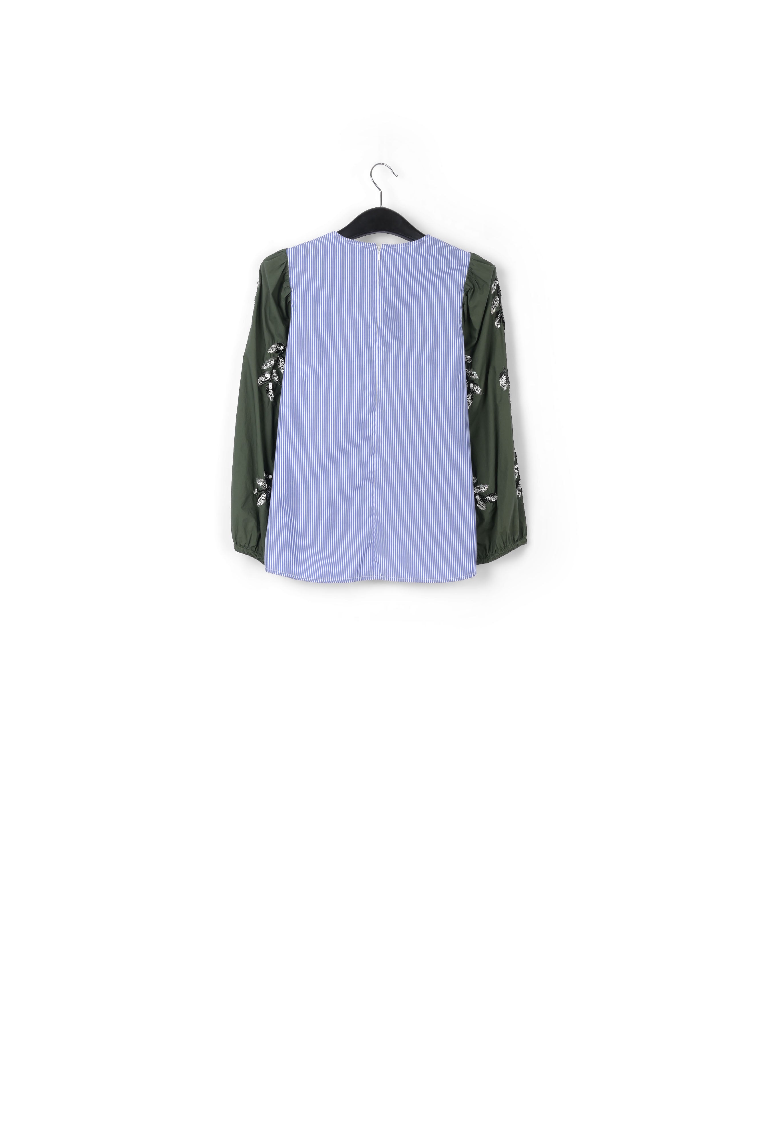 Blue and khaki embellished puff sleeved top RE—SSENTIEL | Essentiel second hand