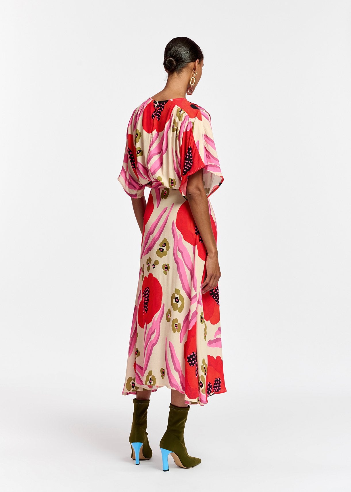 Ecru, red and pink abstract print midi-length dress RE—SSENTIEL | Essentiel second hand