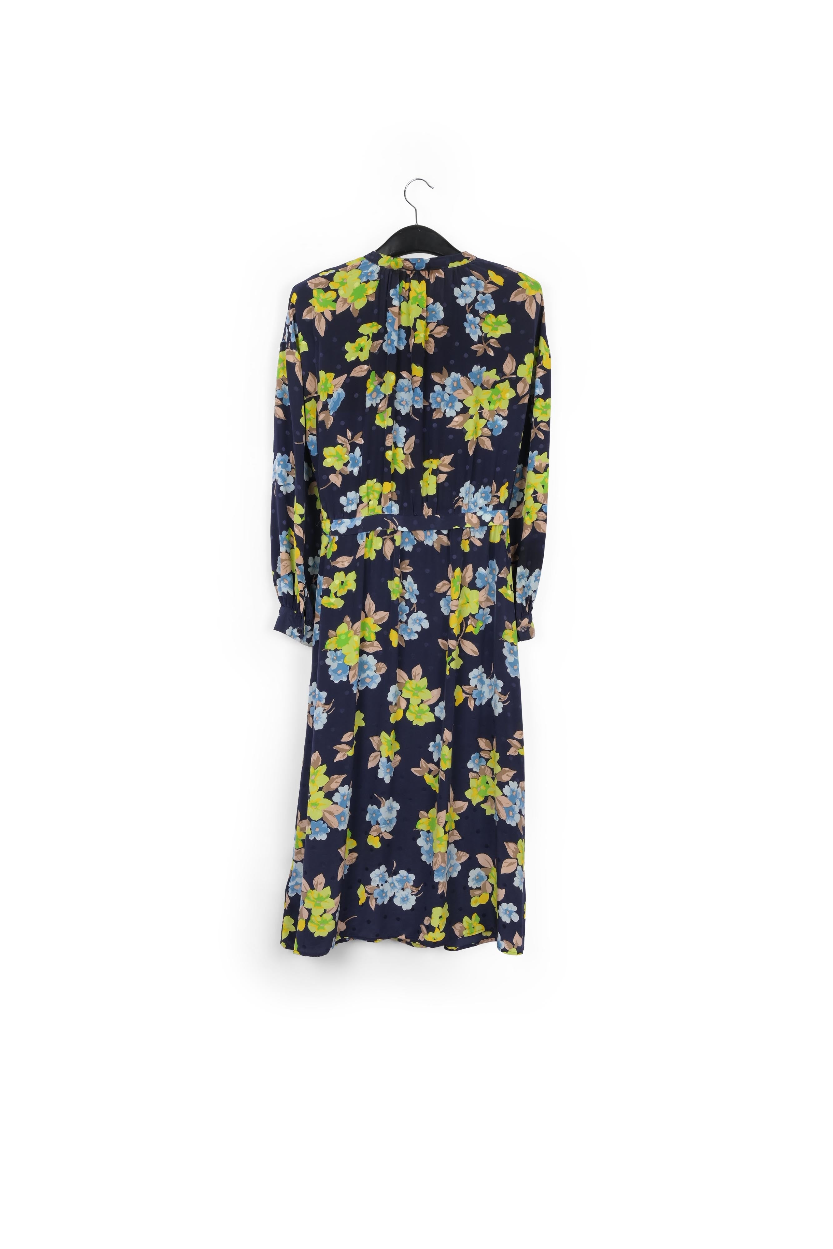 Robe chemise bleu foncé en soie à fleurs et à pois RE—SSENTIEL | Essentiel second hand