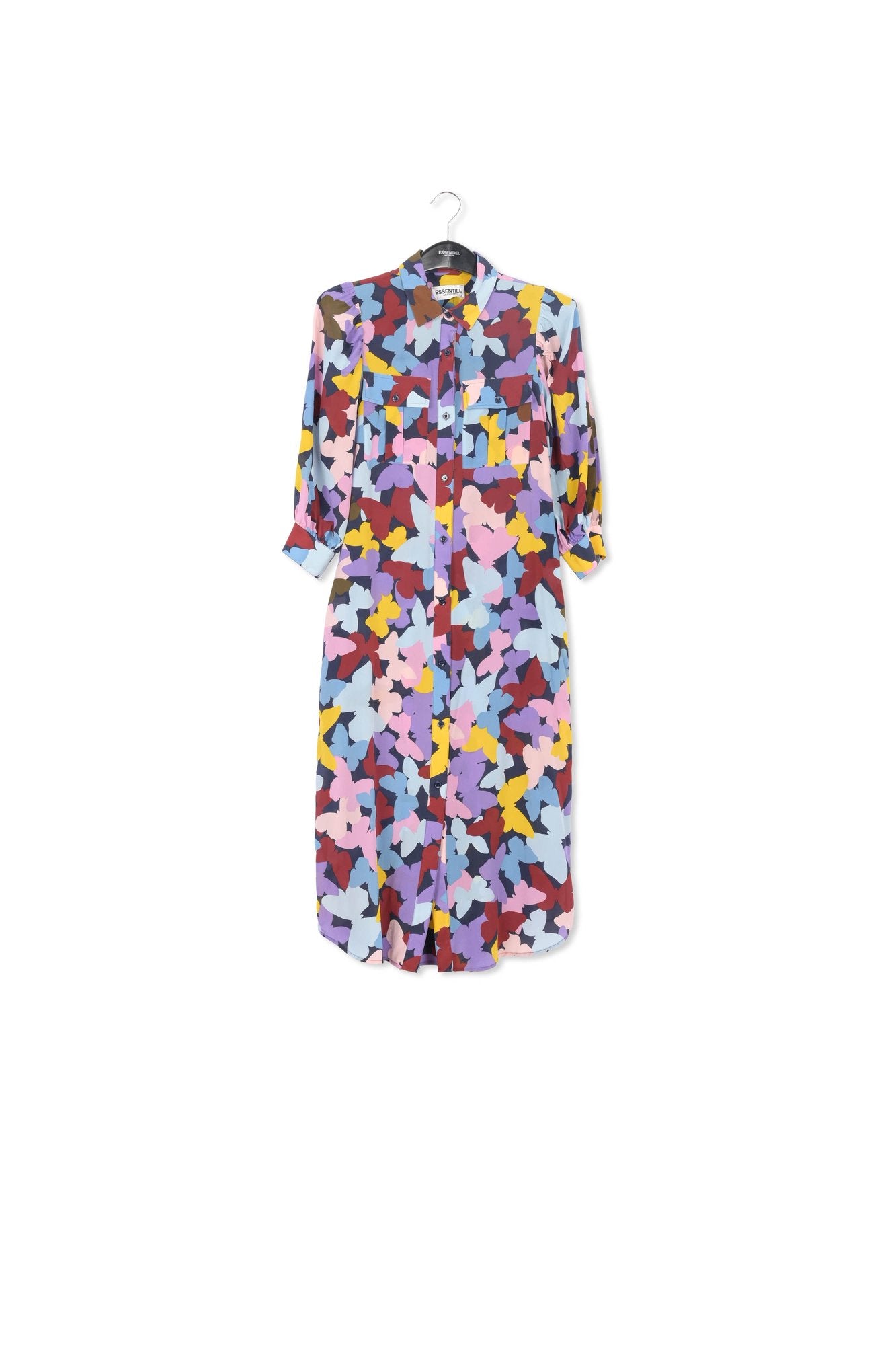 Robe midi en soie à  papillons bordeaux, lilas et bleu RE—SSENTIEL | Essentiel second hand