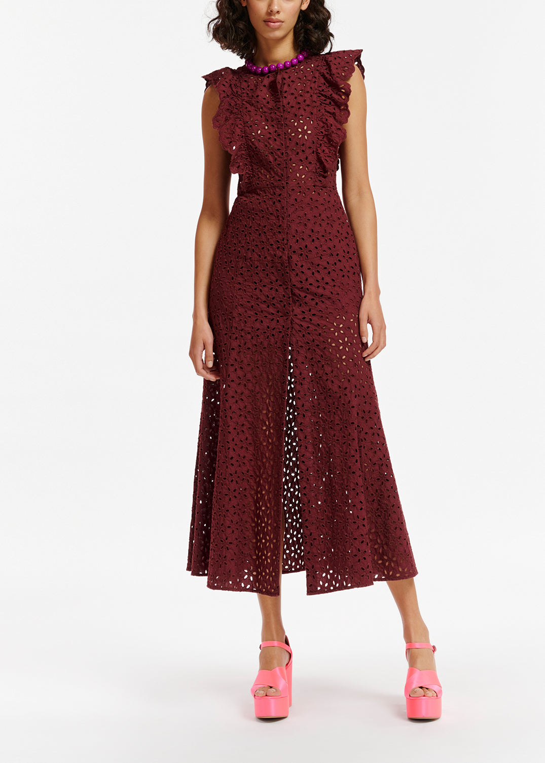 Maxi robe en coton bordeaux à broderie anglaise RE—SSENTIEL | Essentiel second hand