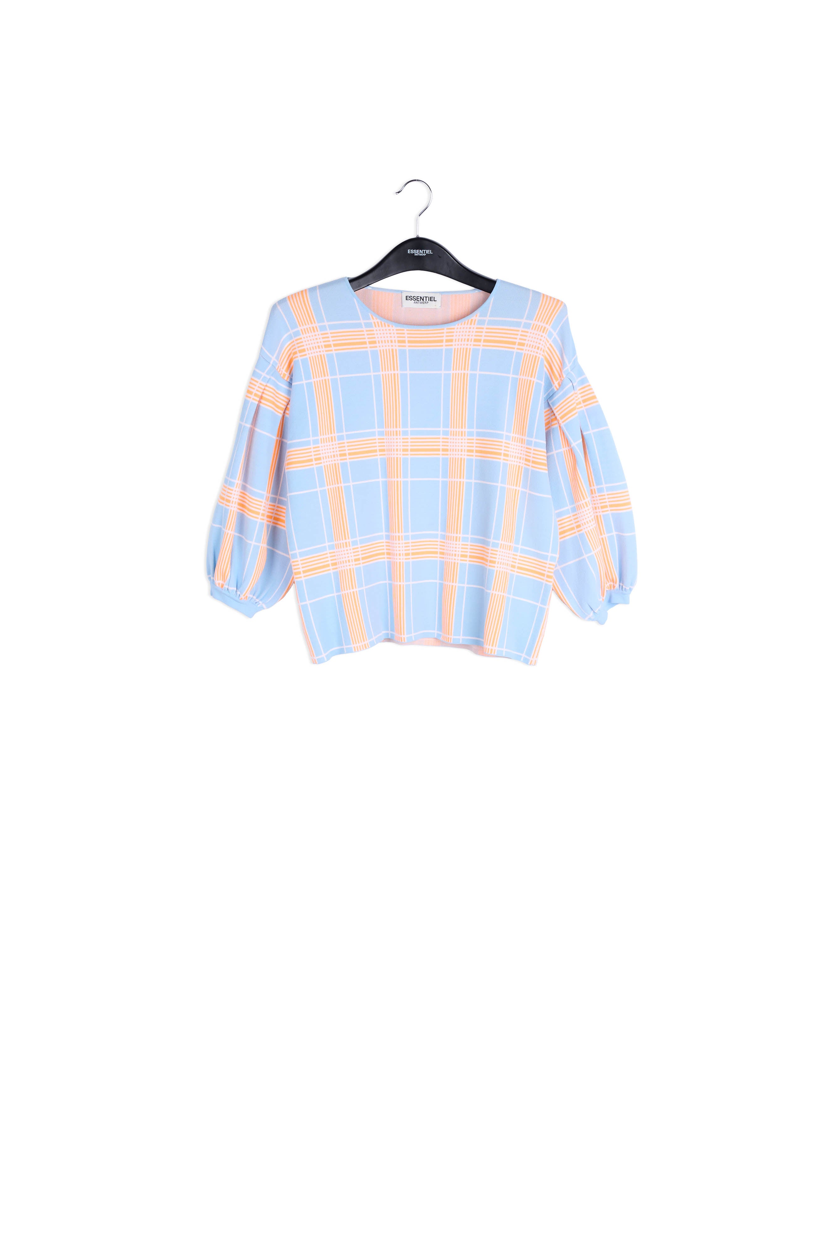 Light blue puffed sleeve knitted top with check motif RE—SSENTIEL | Essentiel second hand