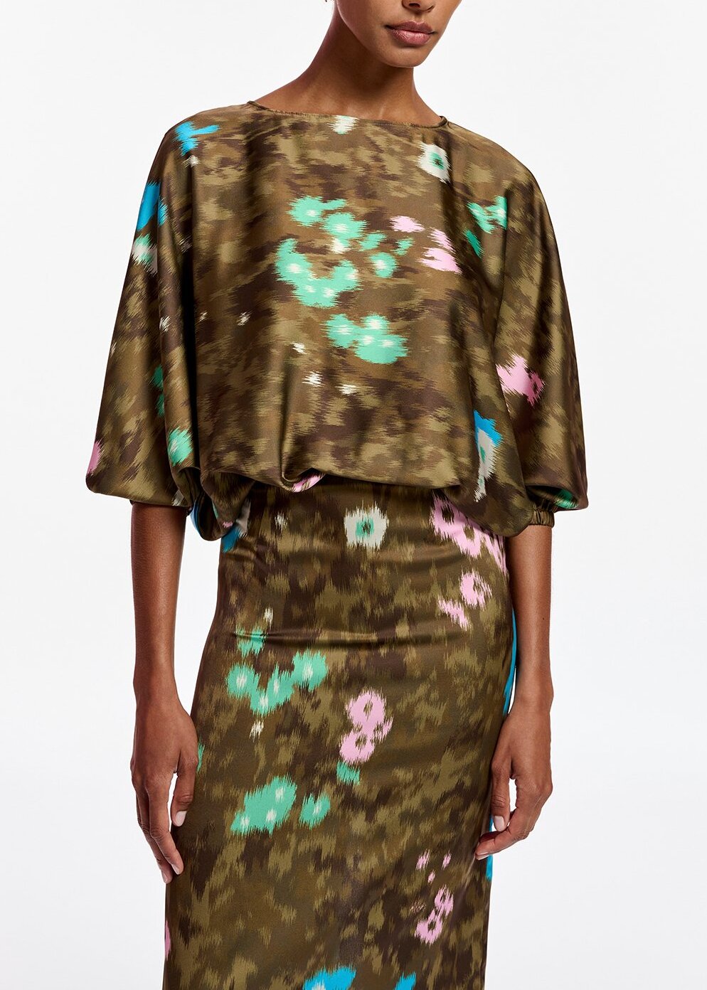 Khaki floral print midi-length dress RE—SSENTIEL | Essentiel second hand