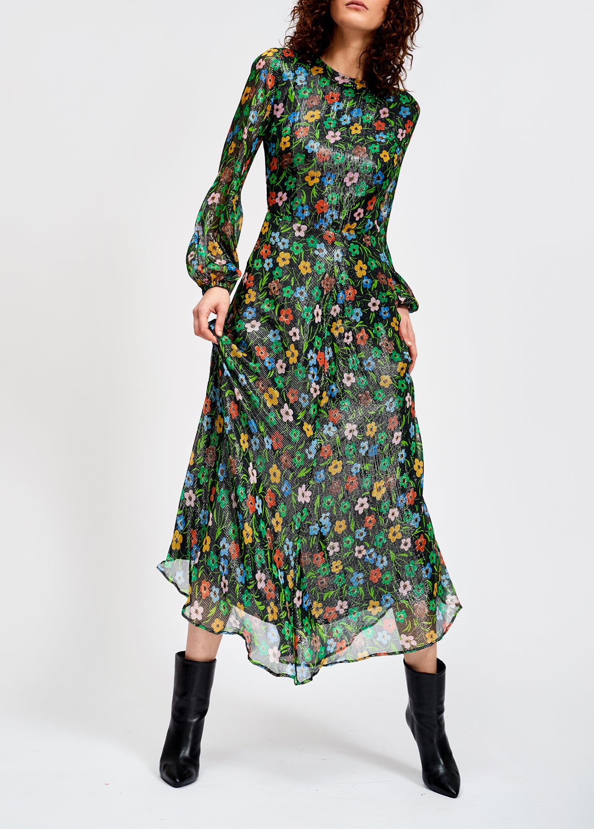 Black floral print midi dress with shiny thread RE—SSENTIEL | Essentiel second hand