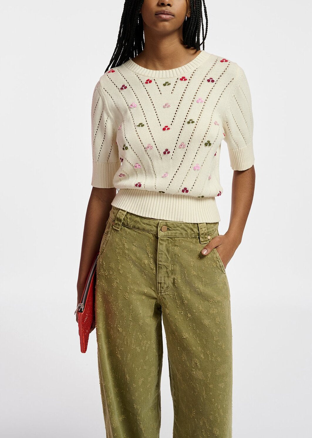 Ecru pointelle-knitted sweater with embroideries RE—SSENTIEL | Essentiel second hand