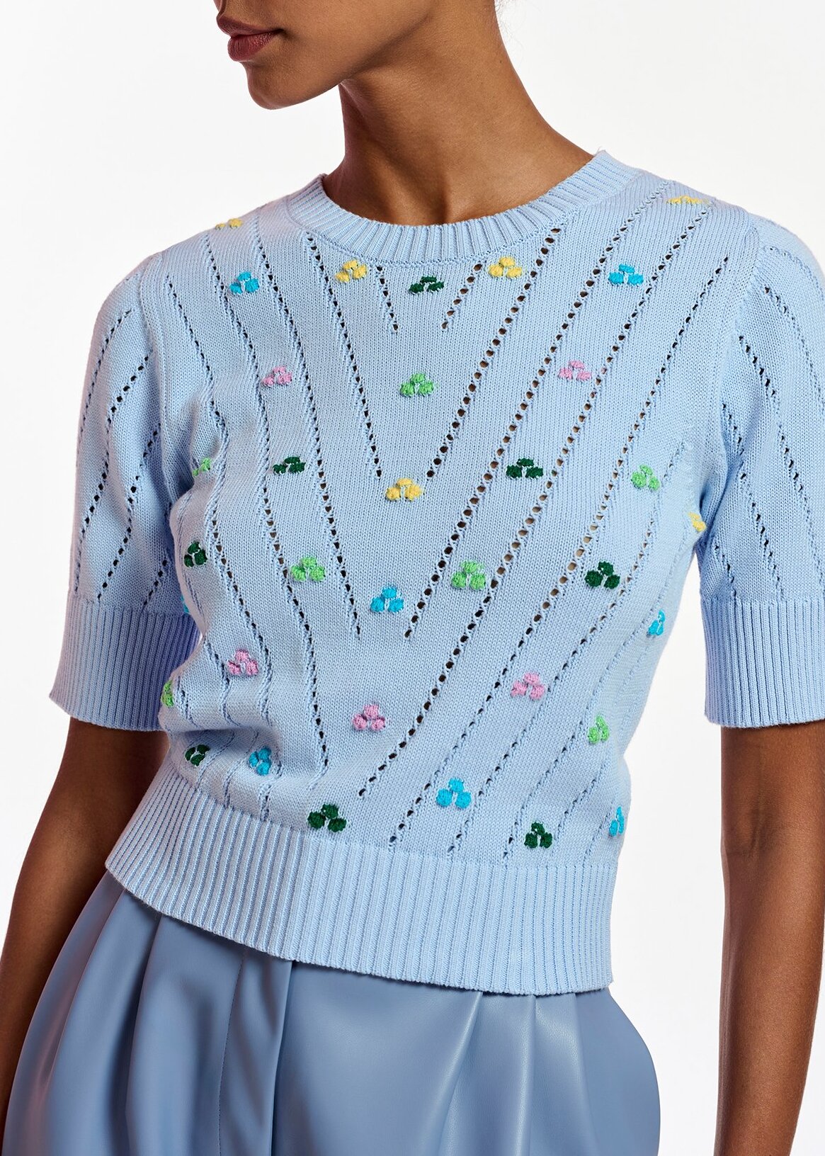 Pull en pointelle bleu clair à broderies RE—SSENTIEL | Essentiel second hand