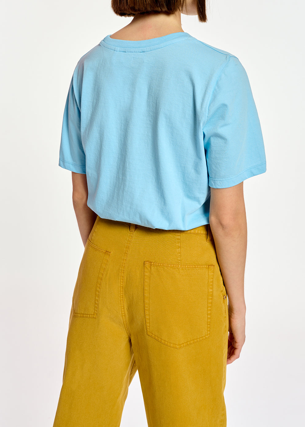 Light blue jersey t-shirt with neon green embroidery RE—SSENTIEL | Essentiel second hand