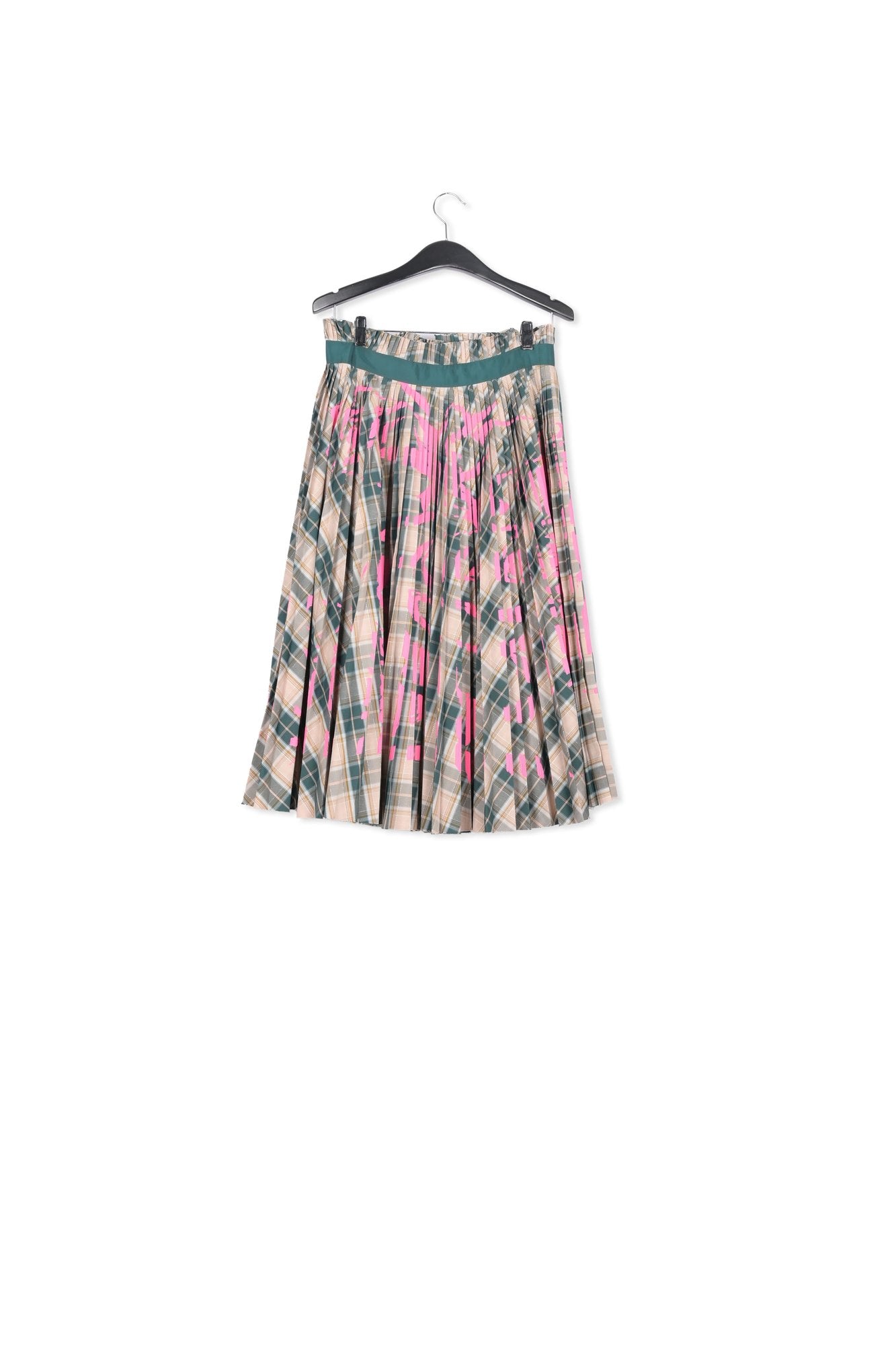 Beige and dark green checked pleated skirt with floral print RE—SSENTIEL | Essentiel second hand