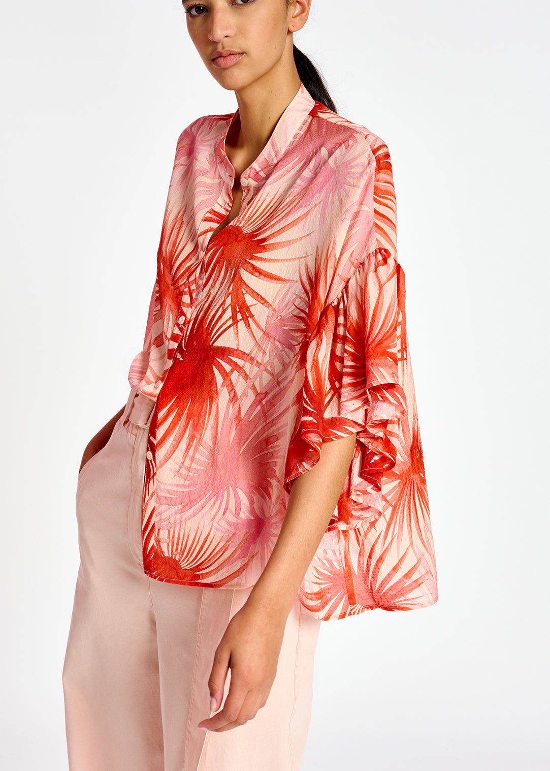 Orange ruffle-detailed top with palm leaf print RE—SSENTIEL | Essentiel second hand