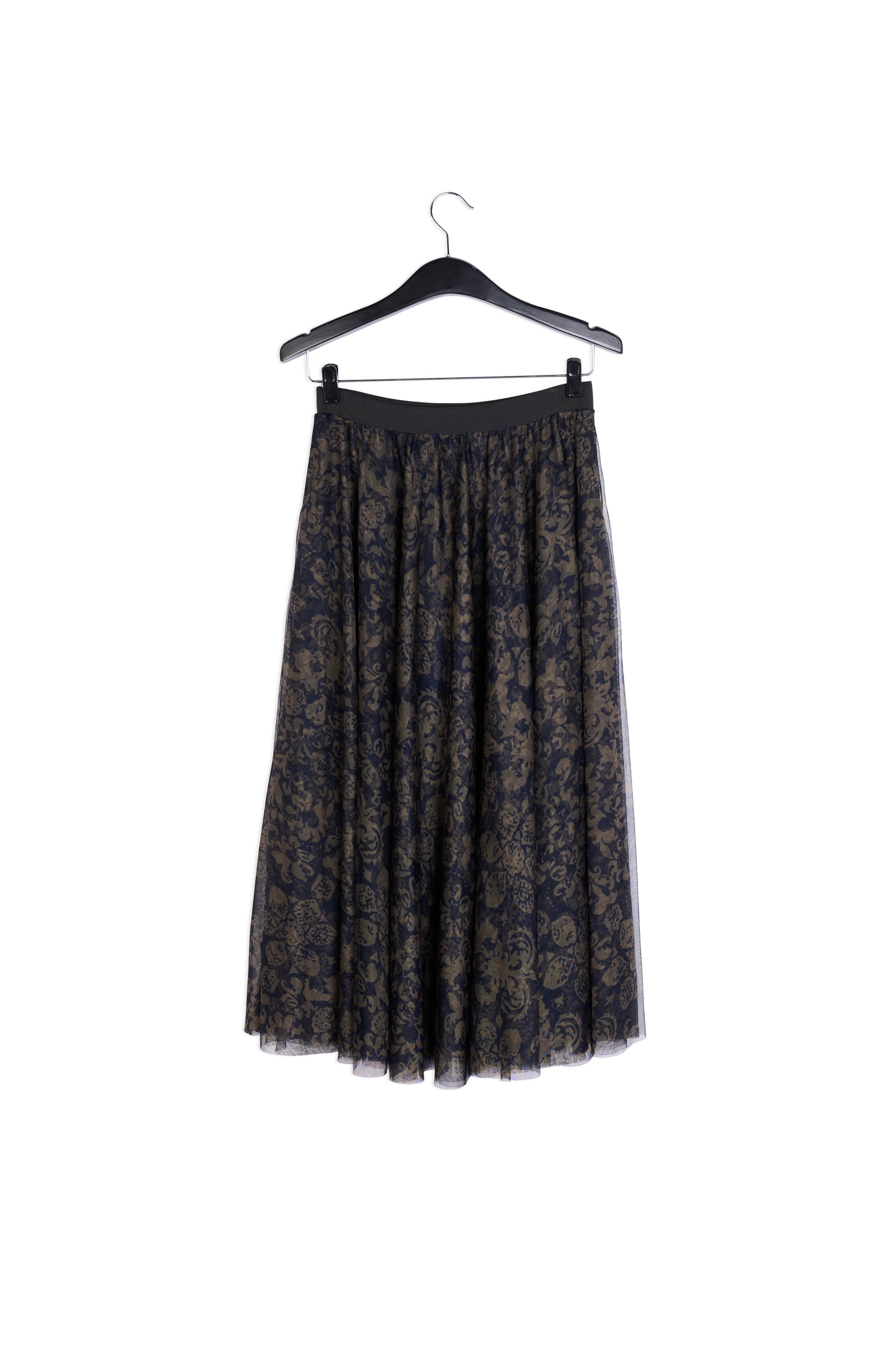 Black and khaki green brocade-print tulle midi skirt RE—SSENTIEL | Essentiel second hand