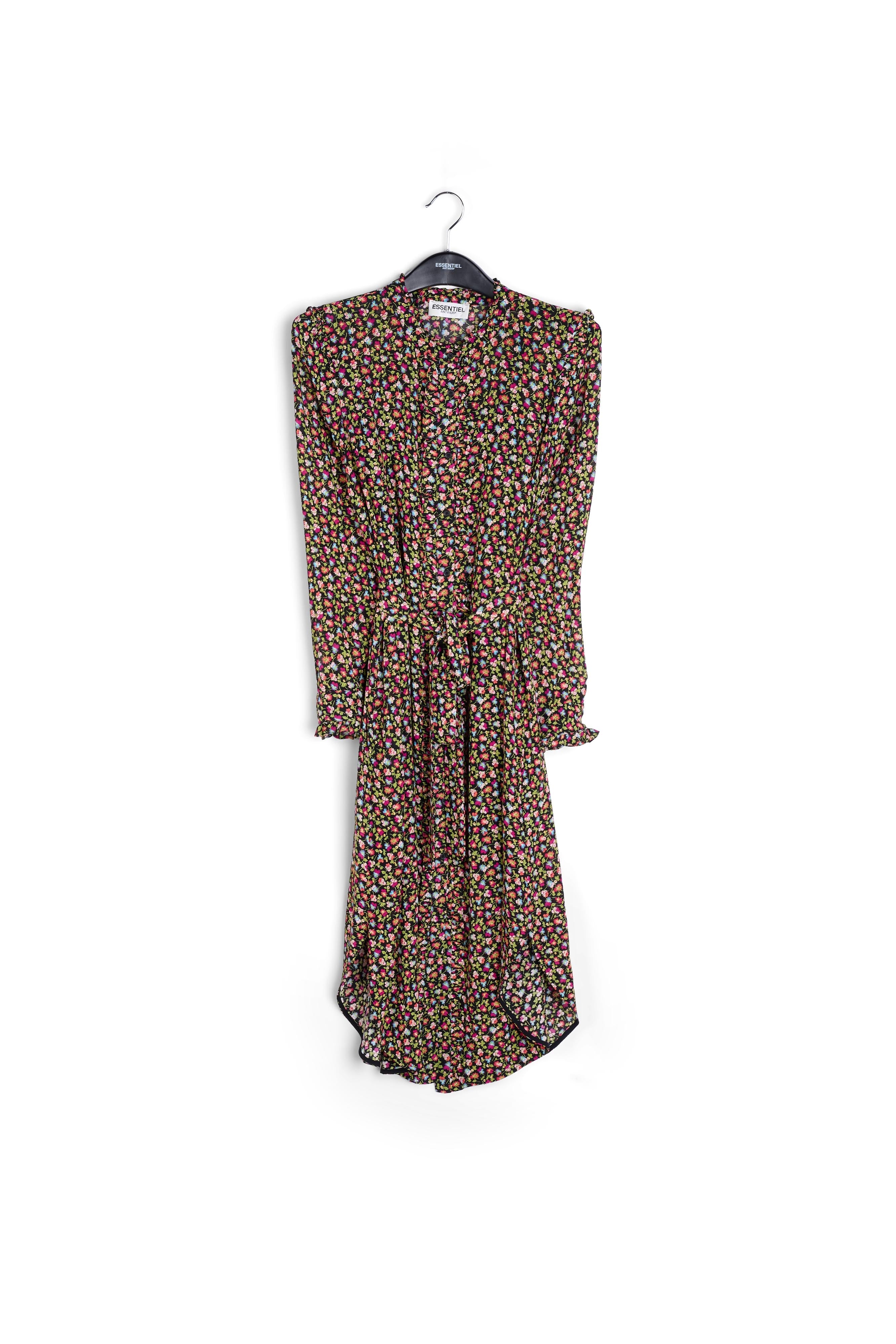 Hemdjurk met ruches en zwarte, lichtgroene en fuchsia bloemenprint RE—SSENTIEL | Essentiel second hand