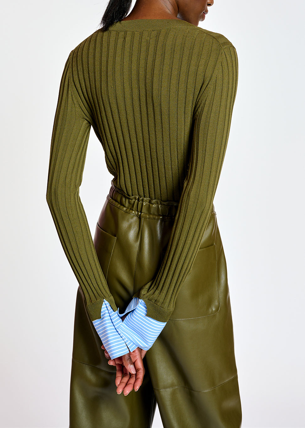 Khaki rib-knitted sweater with striped cuffs RE—SSENTIEL | Essentiel second hand