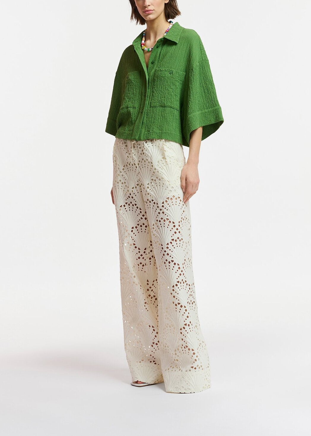 Dark green seersucker cropped shirt RE—SSENTIEL | Essentiel second hand