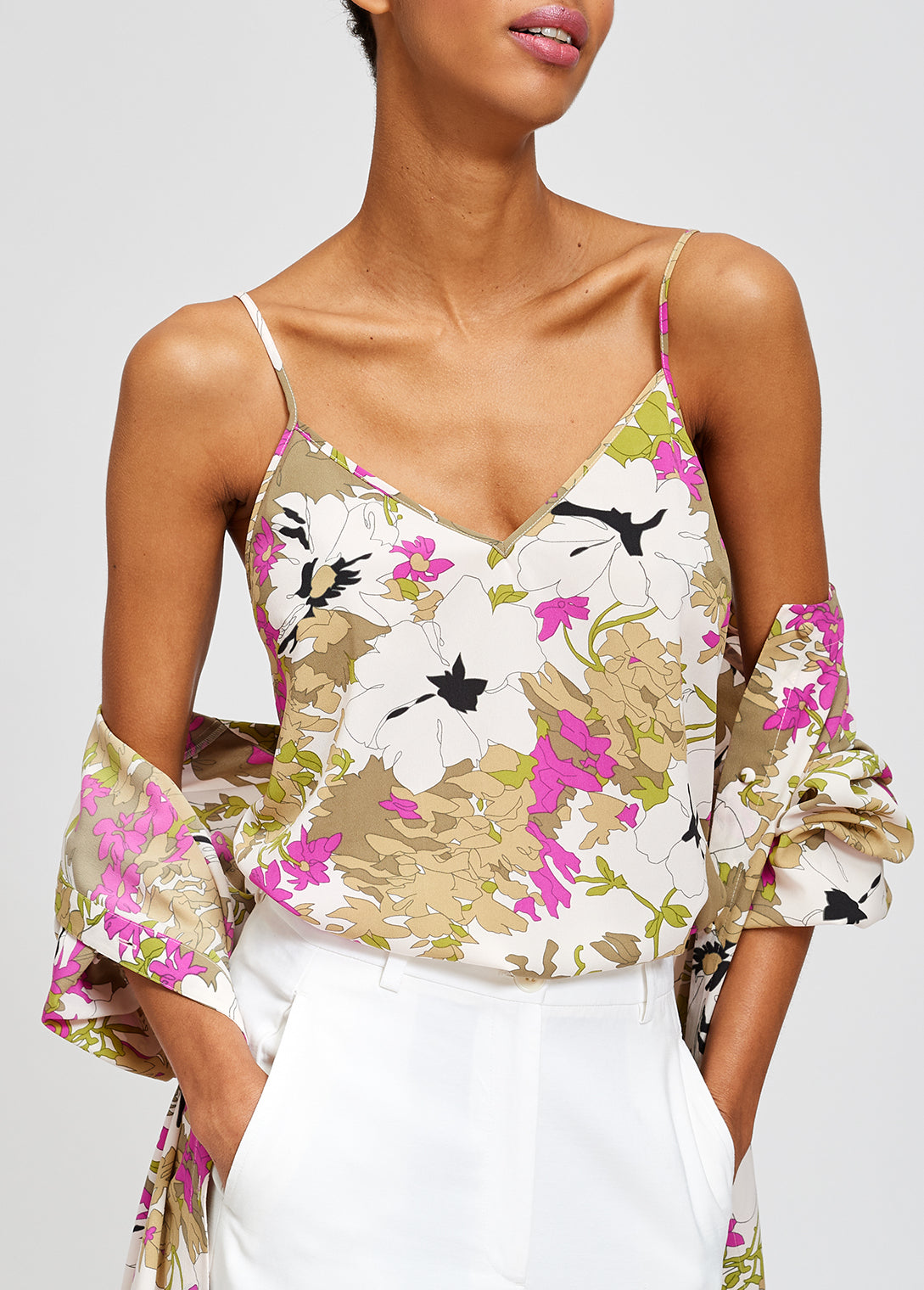 Khaki green, white and pink floral camisole RE—SSENTIEL | Essentiel second hand