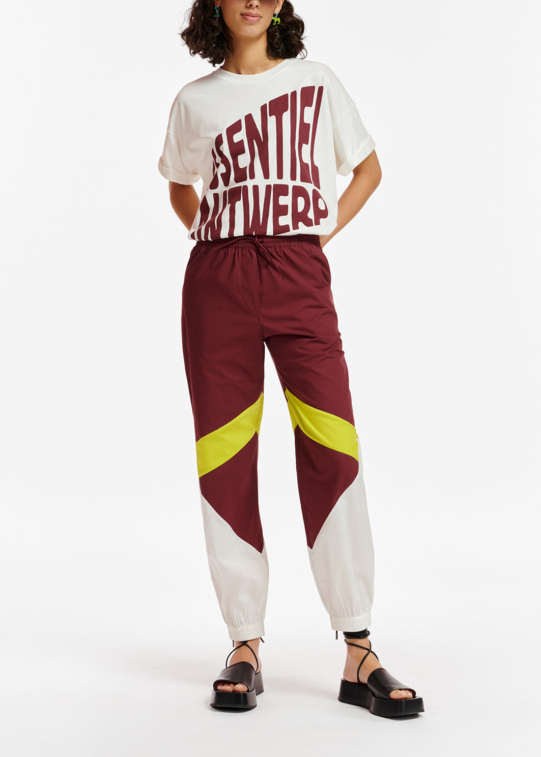 Burgundy, white and lime green cotton track pants RE—SSENTIEL | Essentiel second hand