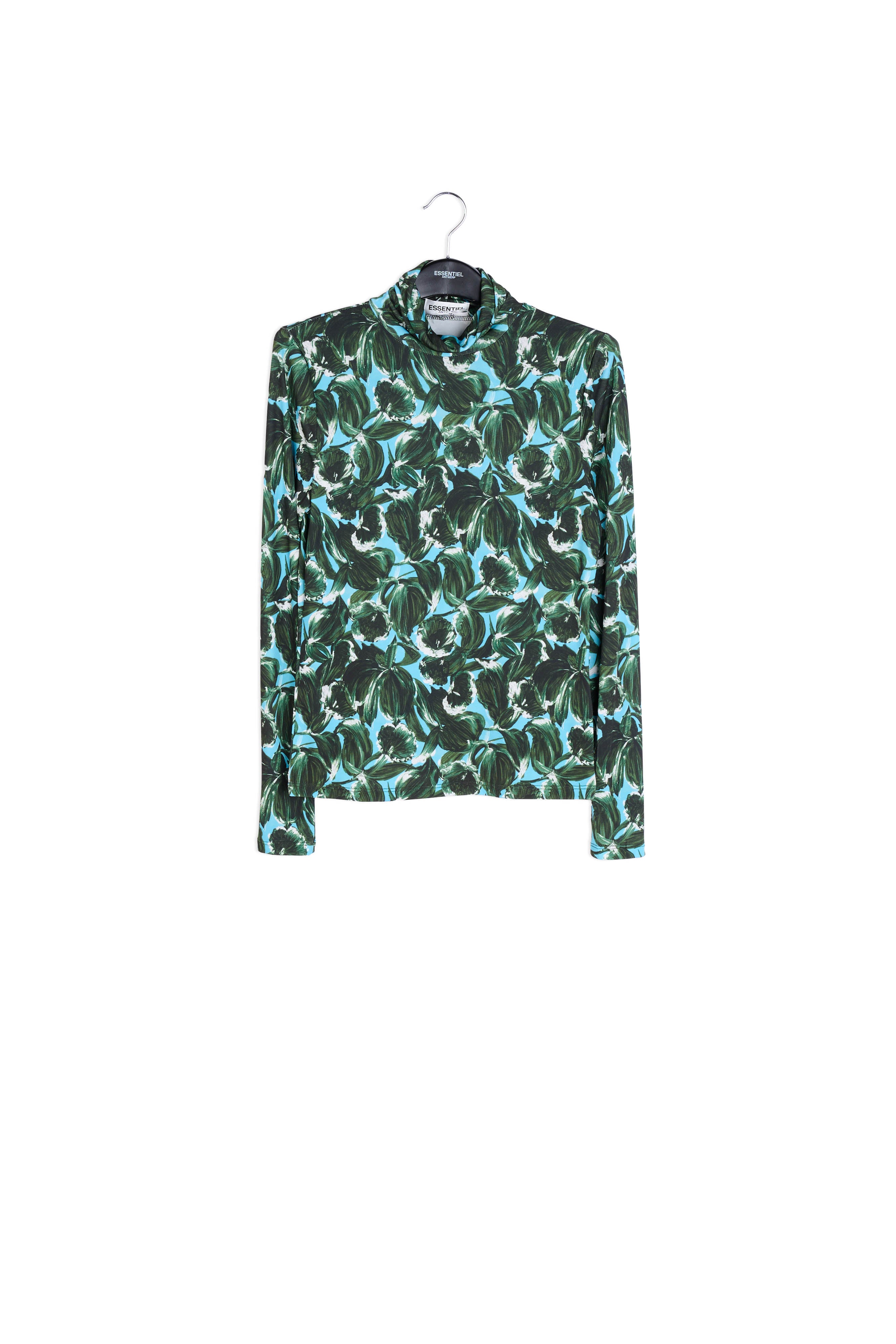 Blue and dark green leaf-print turtleneck top RE—SSENTIEL | Essentiel second hand