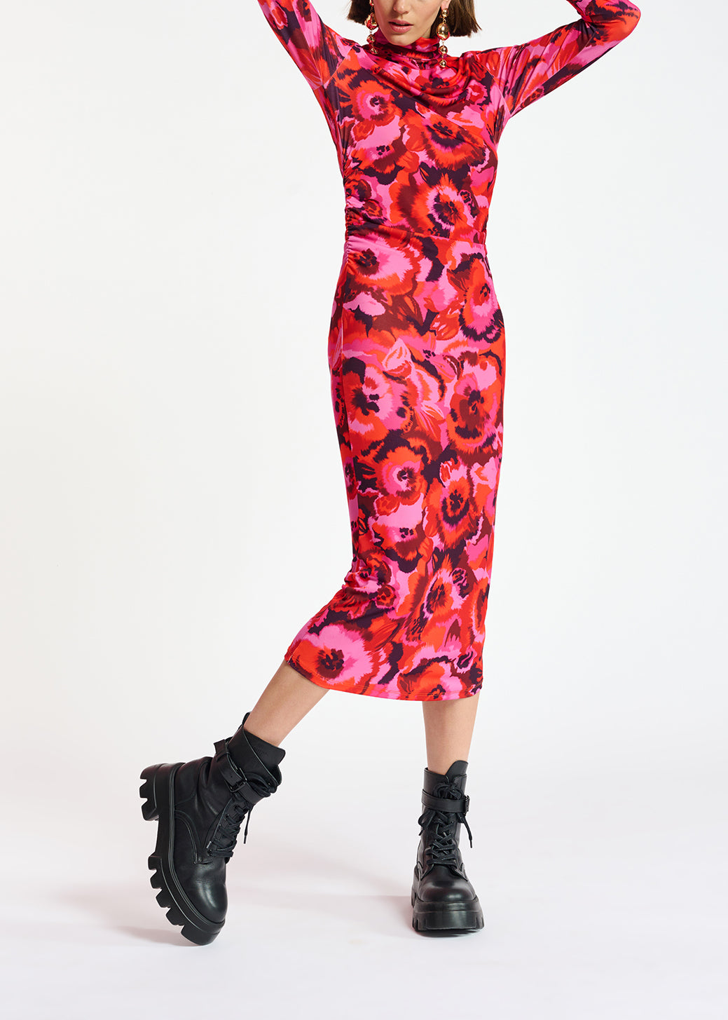 Pink and red floral-print stretch-jersey midi dress RE—SSENTIEL | Essentiel second hand