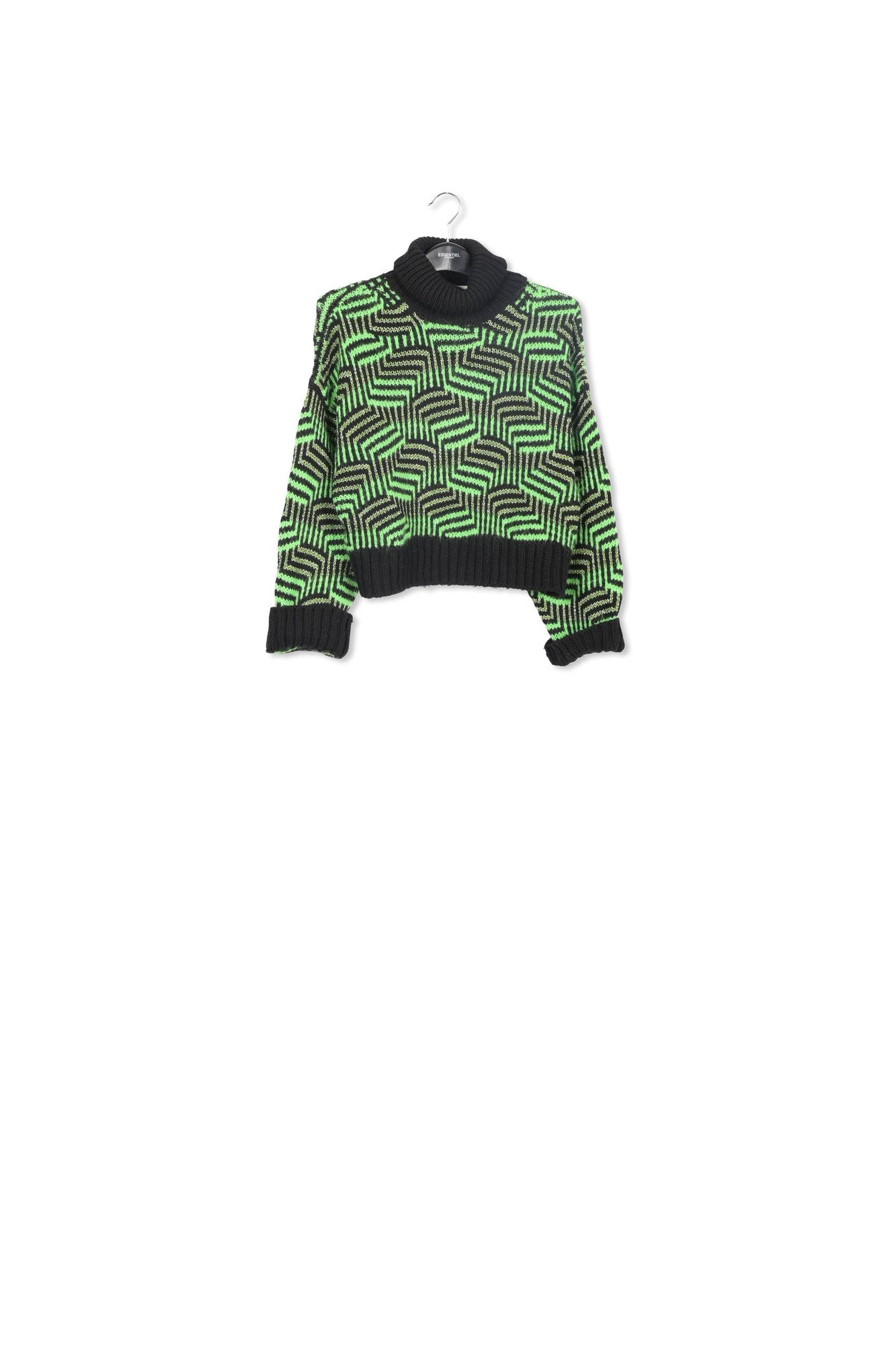 Black and neon green jacquard-knit sweater RE—SSENTIEL | Essentiel second hand