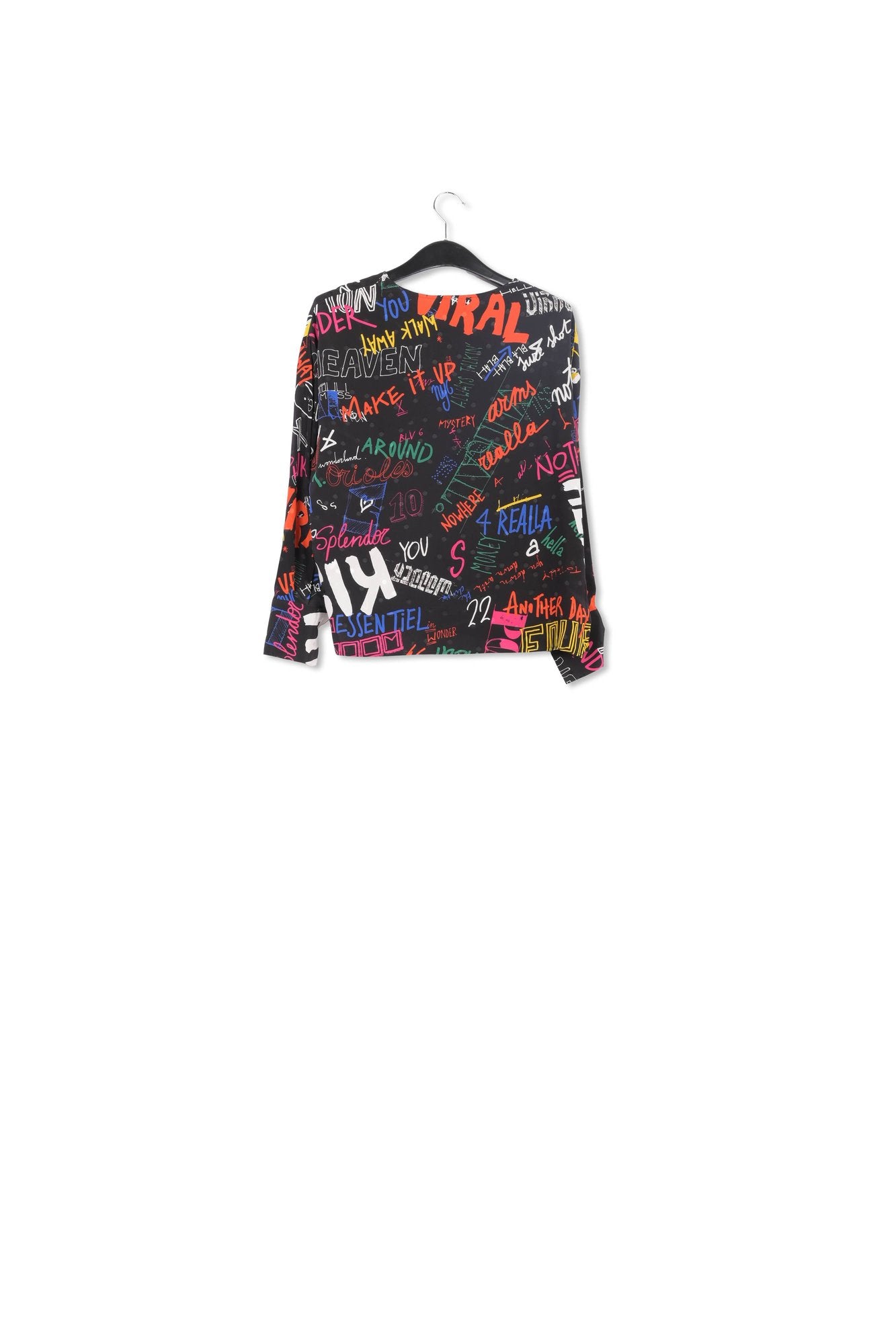 Black silk top with colorful tekst print RE—SSENTIEL | Essentiel second hand