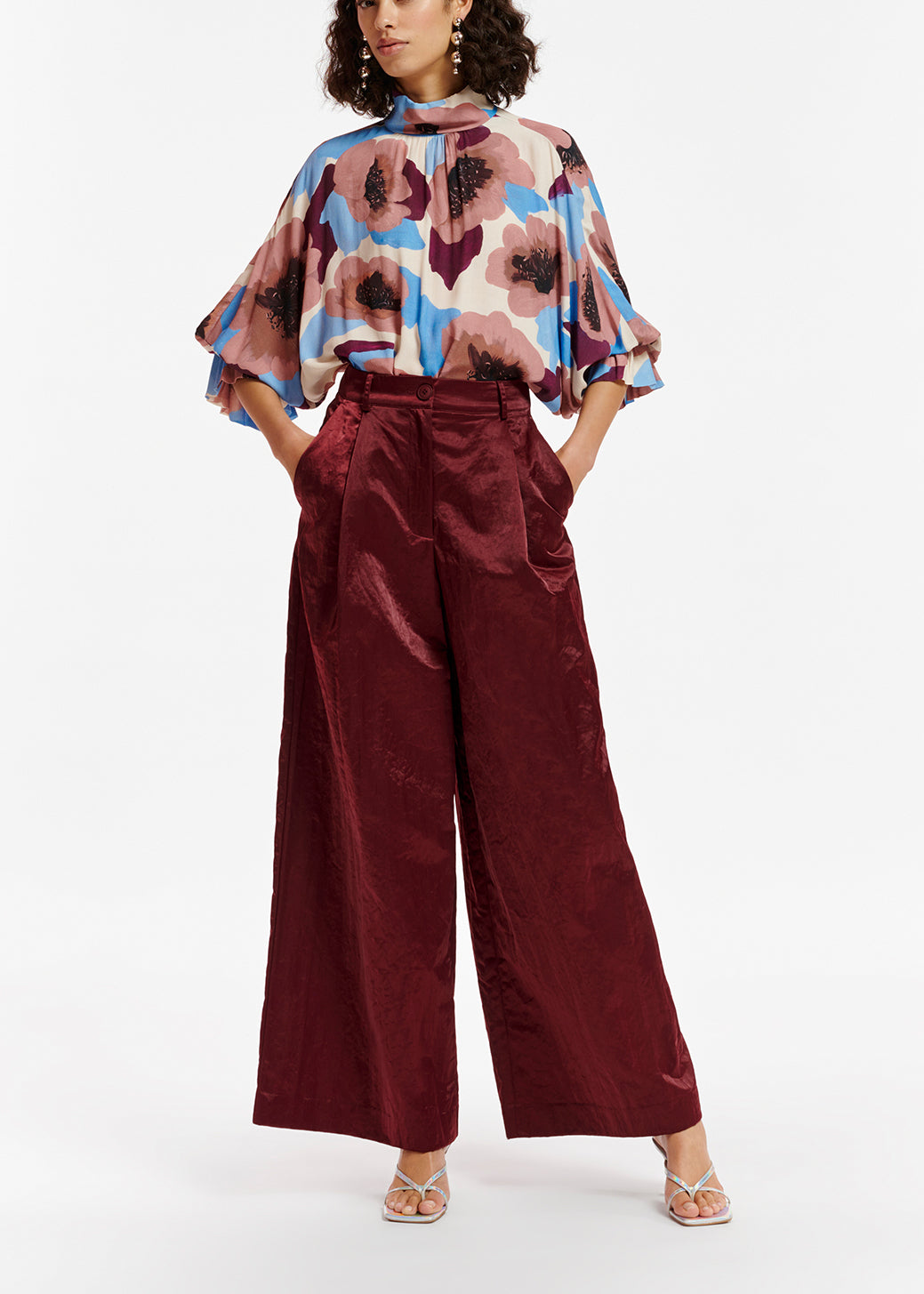 Mauve, burgundy and blue floral print top with stand-up collar RE—SSENTIEL | Essentiel second hand