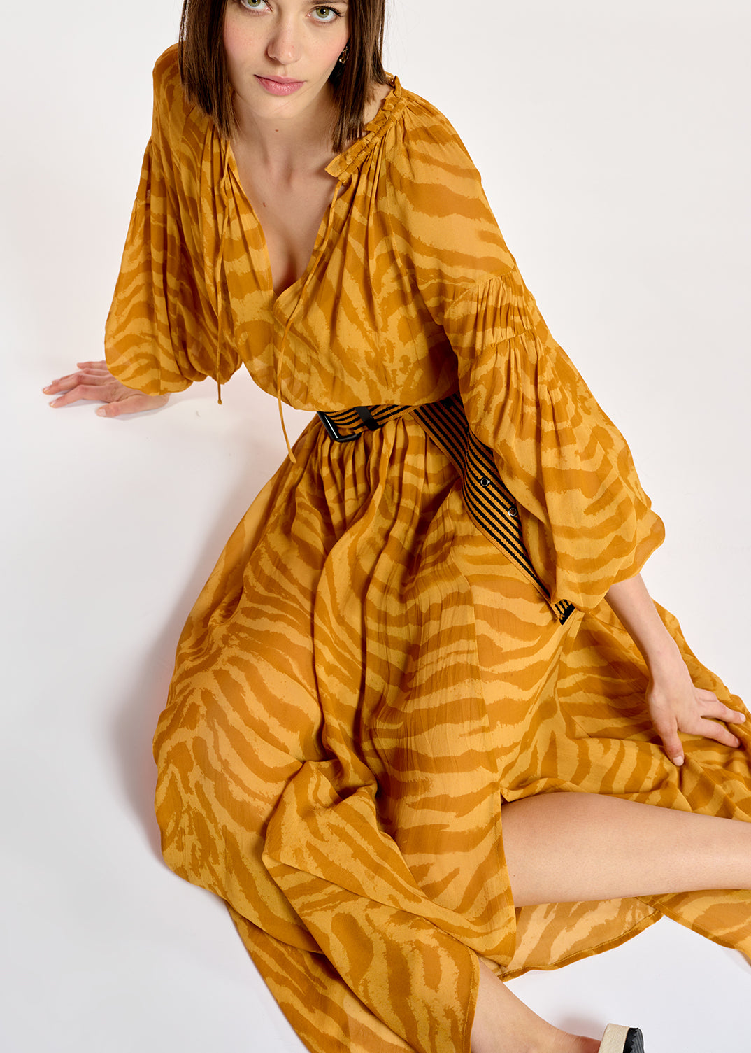 Ochre zebra-print loose-fit maxi dress RE—SSENTIEL | Essentiel second hand