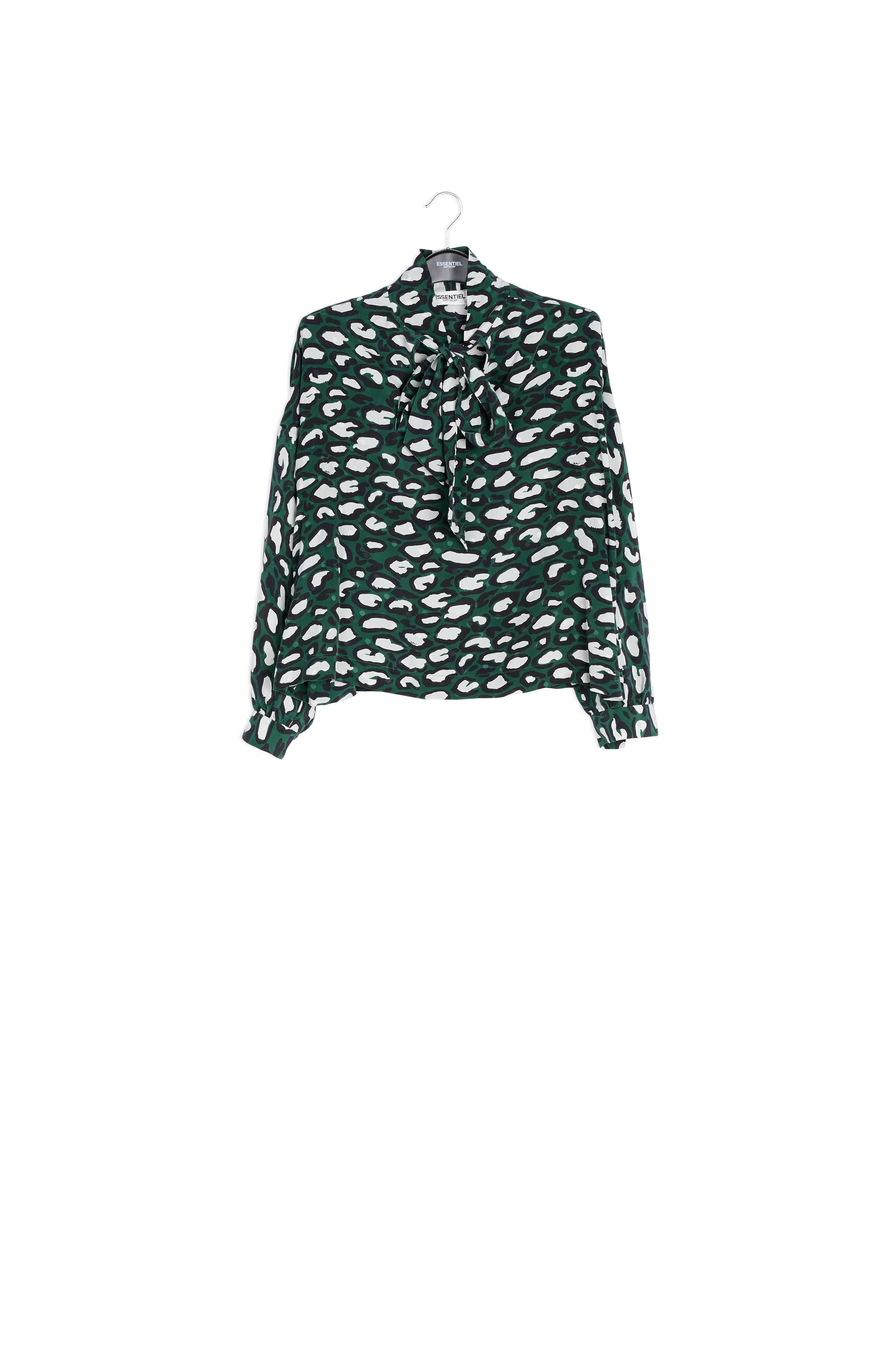 Chemise vert kaki col lavallière en soie à imprimé léopard RE—SSENTIEL | Essentiel second hand