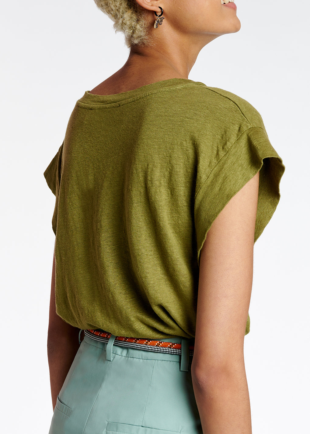 Khaki green linen V-neck T-shirt RE—SSENTIEL | Essentiel second hand