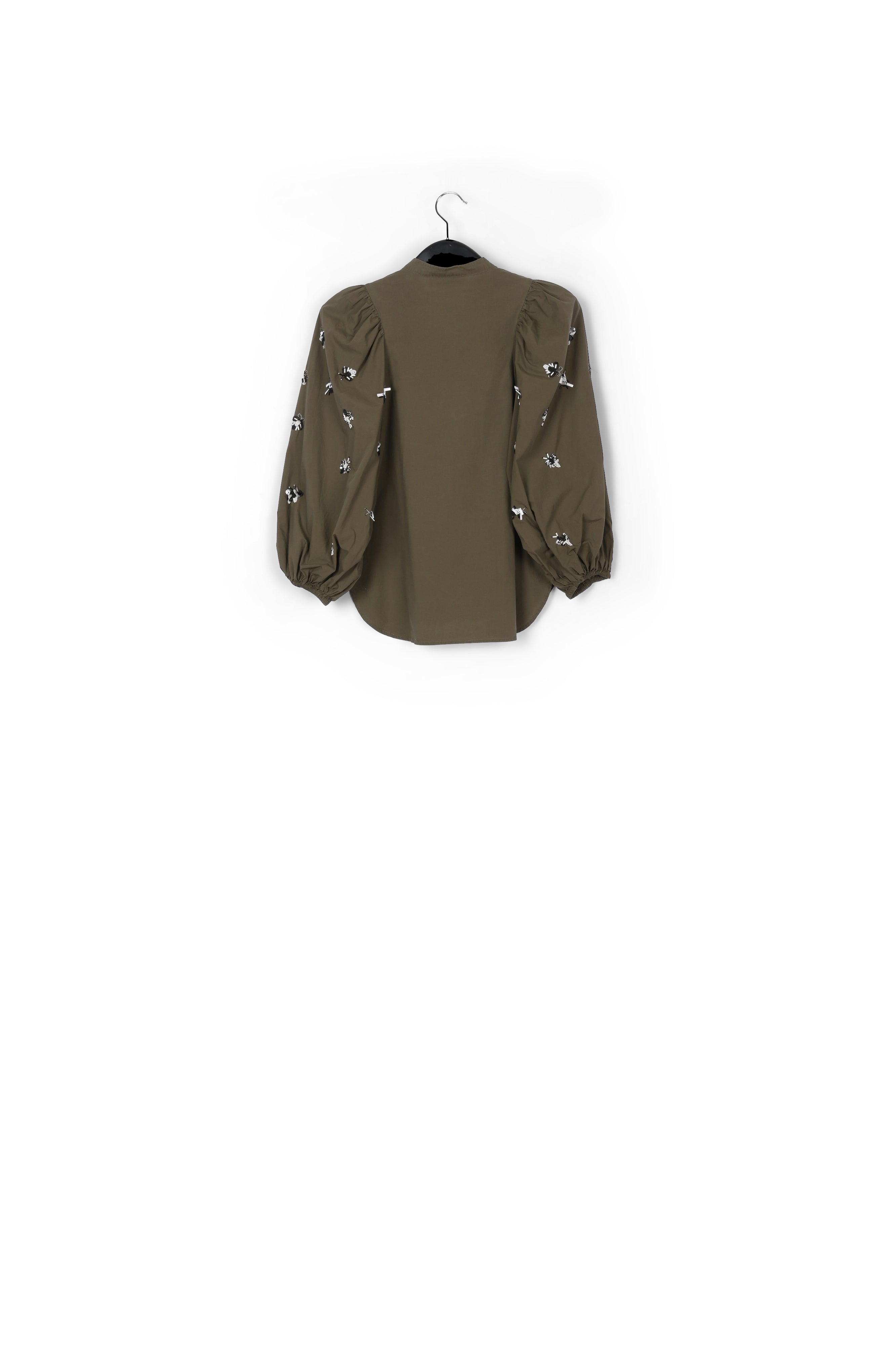 Khaki green cotton-poplin embroidered puffed-sleeve shirt RE—SSENTIEL | Essentiel second hand