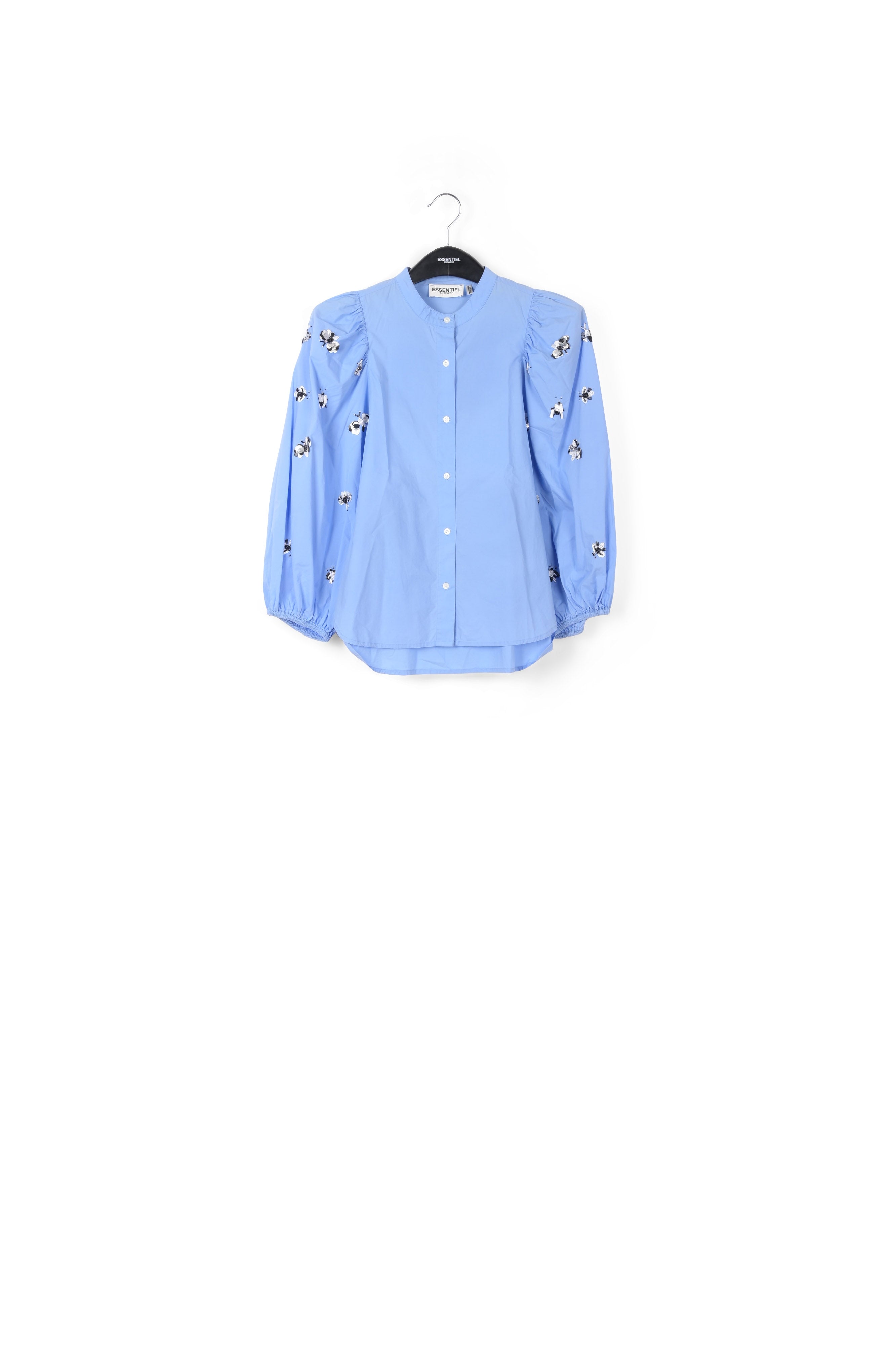 Blue cotton-poplin embroidered puffed-sleeve shirt RE—SSENTIEL | Essentiel second hand