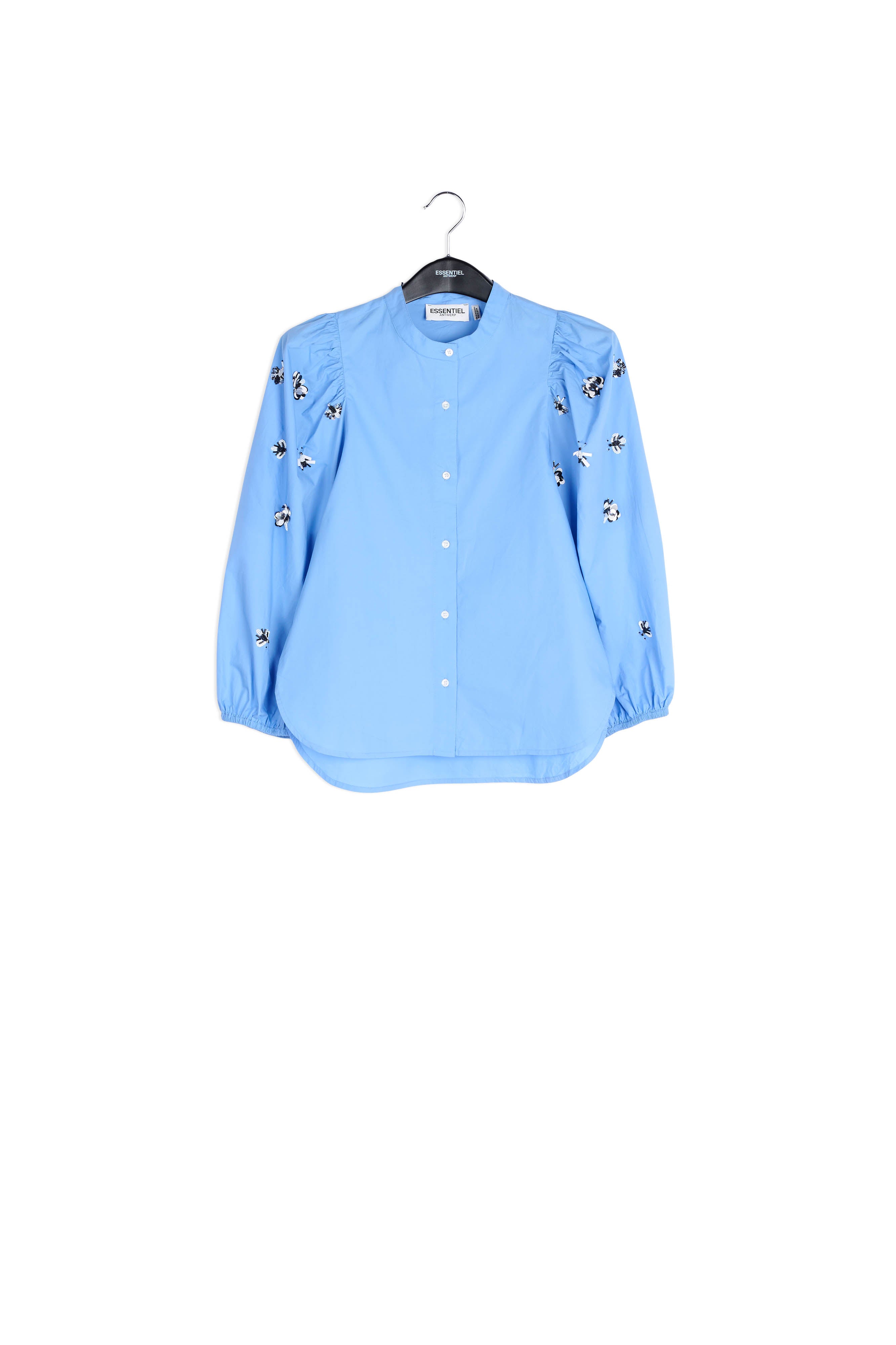 Blue cotton-poplin embroidered puffed-sleeve shirt RE—SSENTIEL | Essentiel second hand