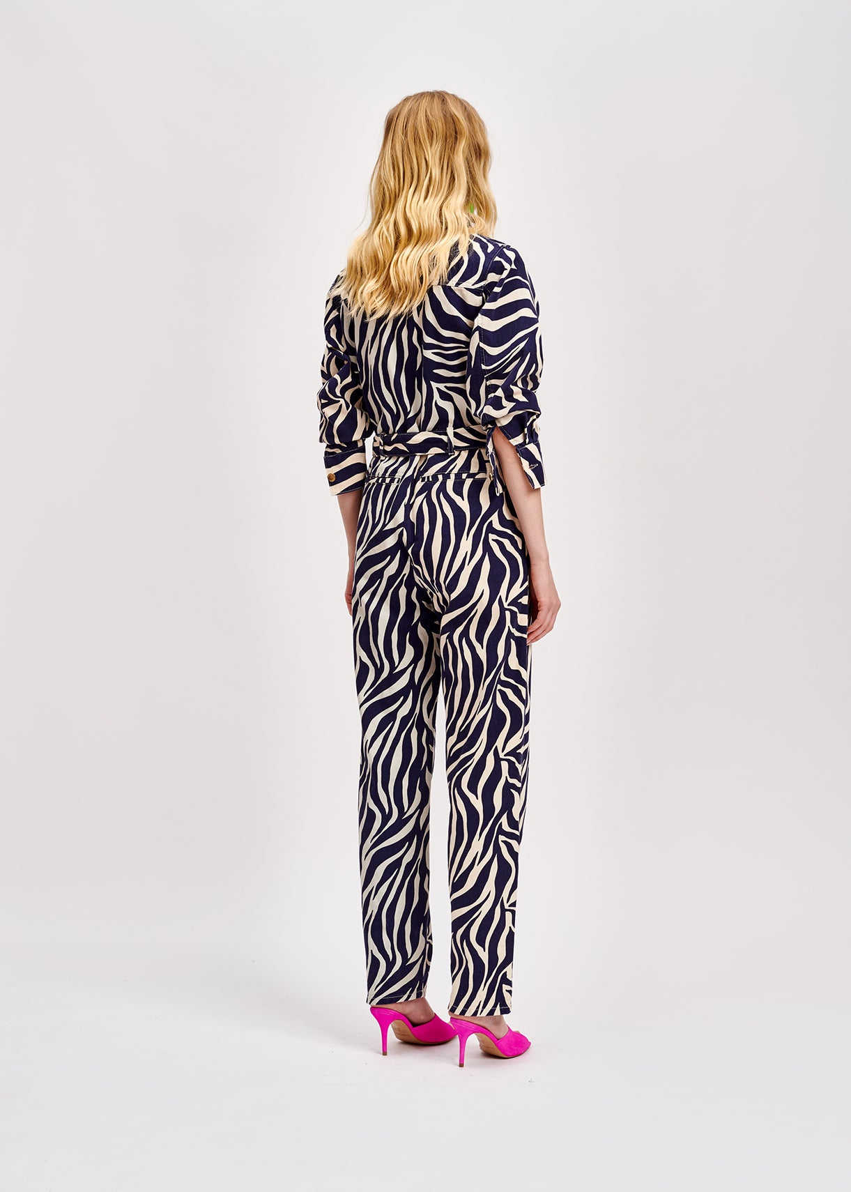 Off-white and navy blue zebra-print denim jumpsuit RE—SSENTIEL | Essentiel second hand