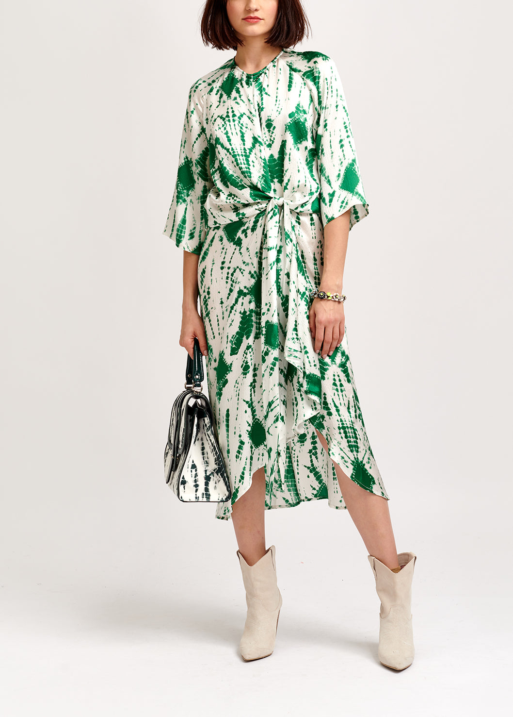 Gebroken witte en groene tie-dyed zijden midi-jurk RE—SSENTIEL | Essentiel second hand