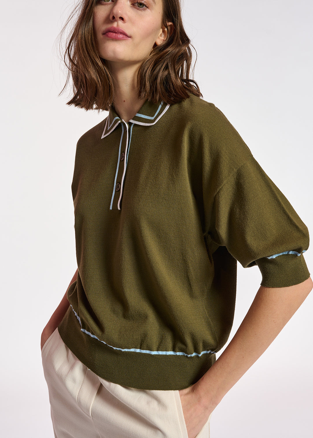 Khaki knitted polo top RE—SSENTIEL | Essentiel second hand