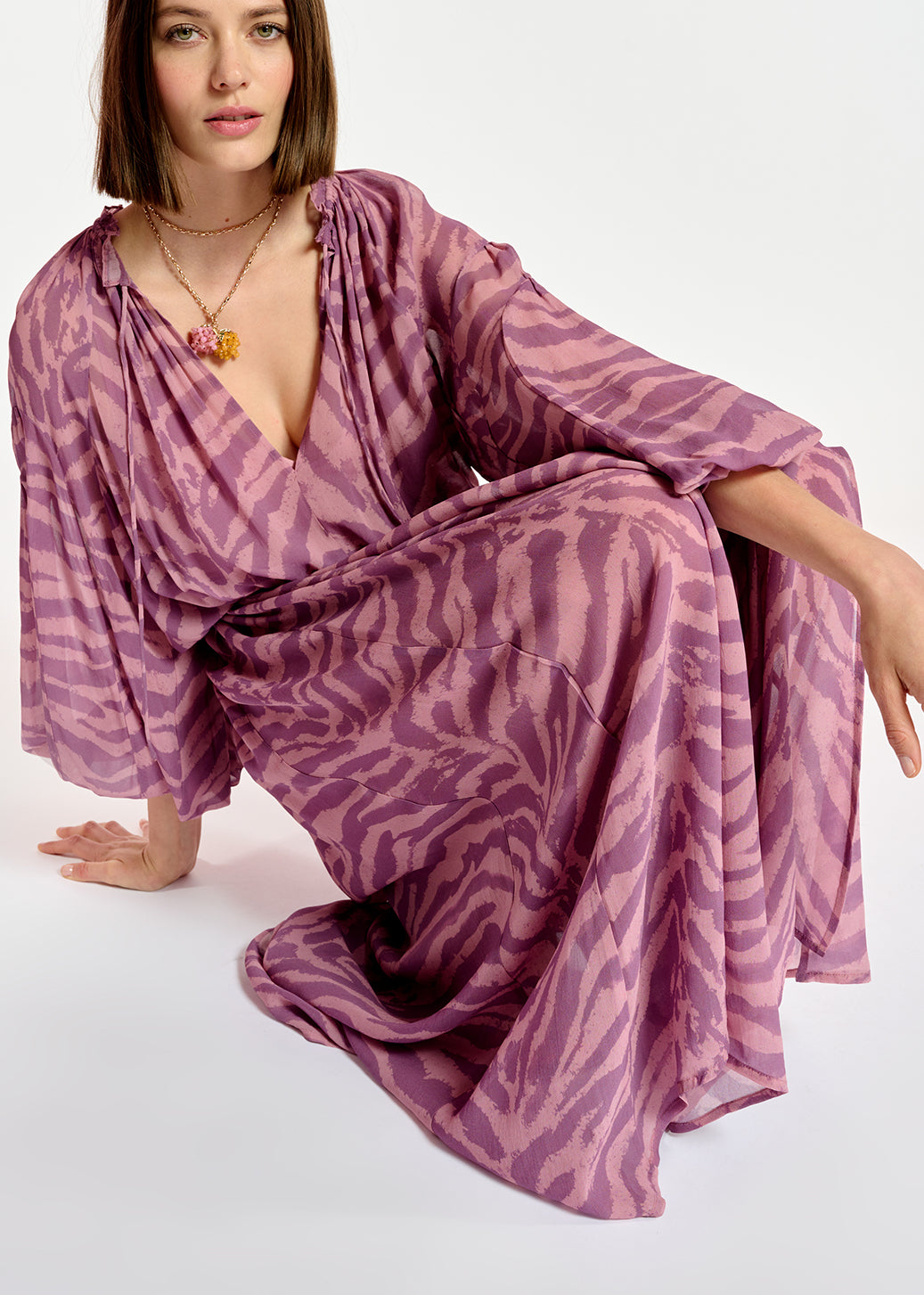 Lila wijde maxi-jurk met zebraprint RE—SSENTIEL | Essentiel second hand