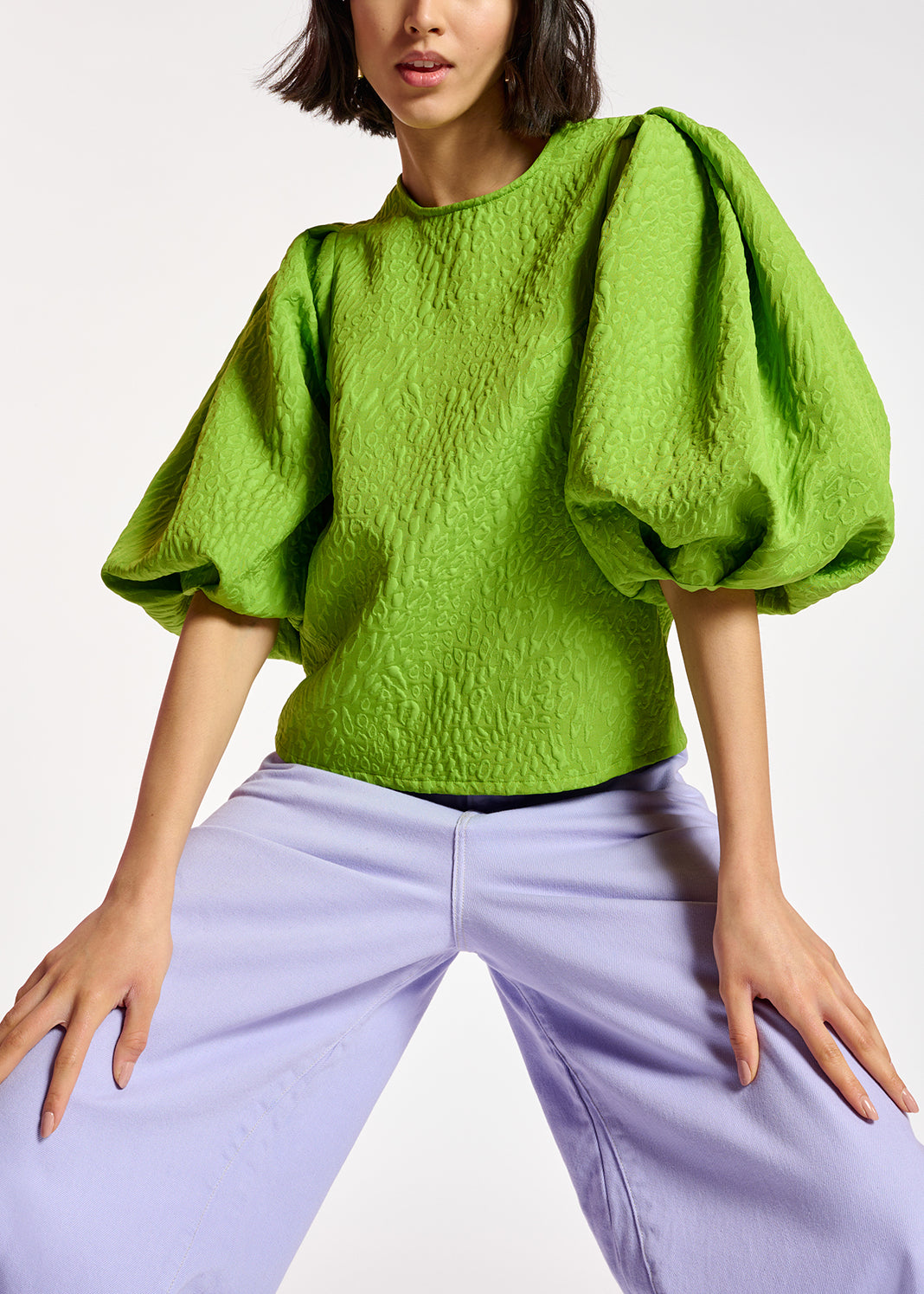 Green jacquard top with puffed sleeves RE—SSENTIEL | Essentiel second hand