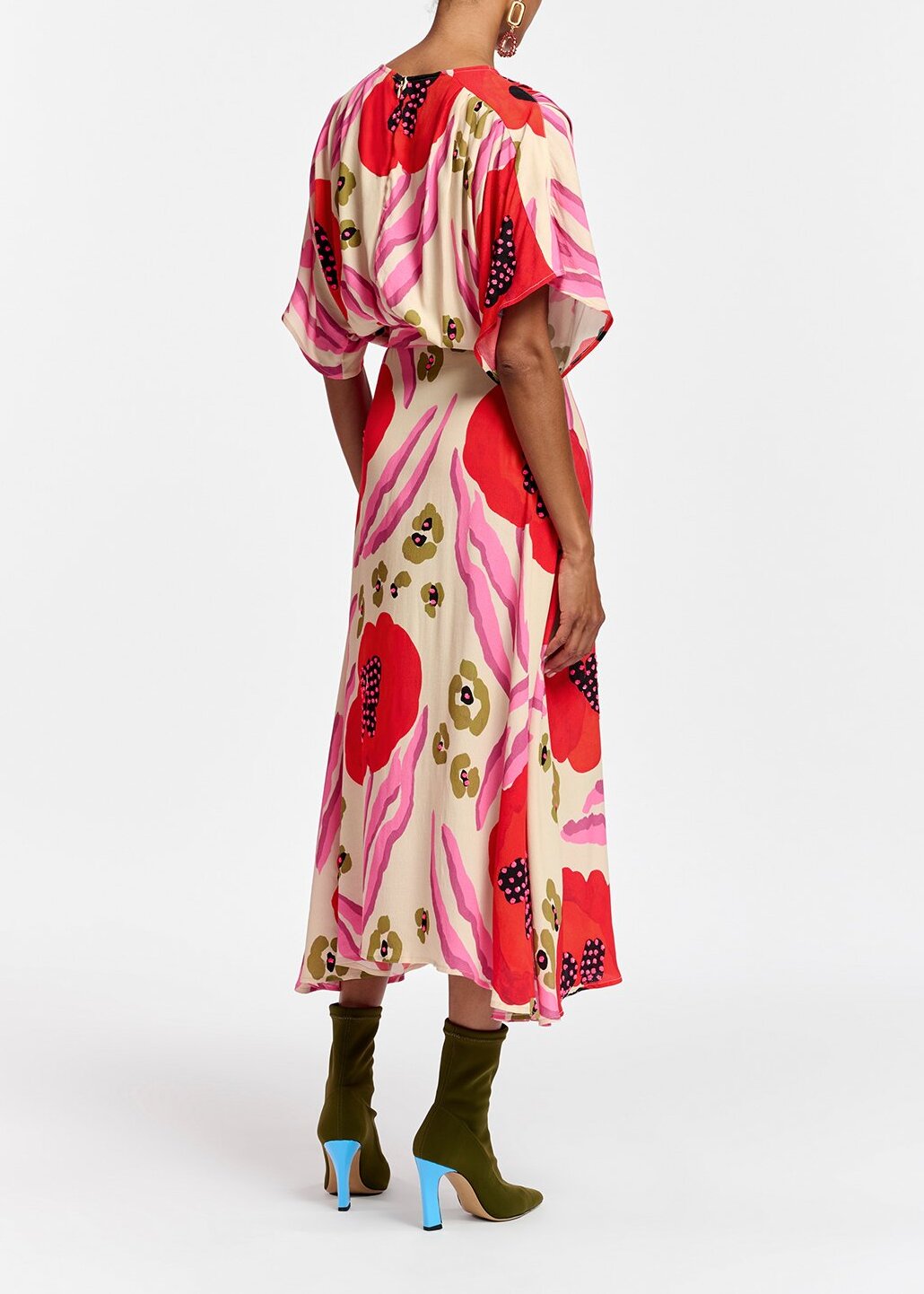 Ecru, red and pink abstract print midi-length dress RE—SSENTIEL | Essentiel second hand